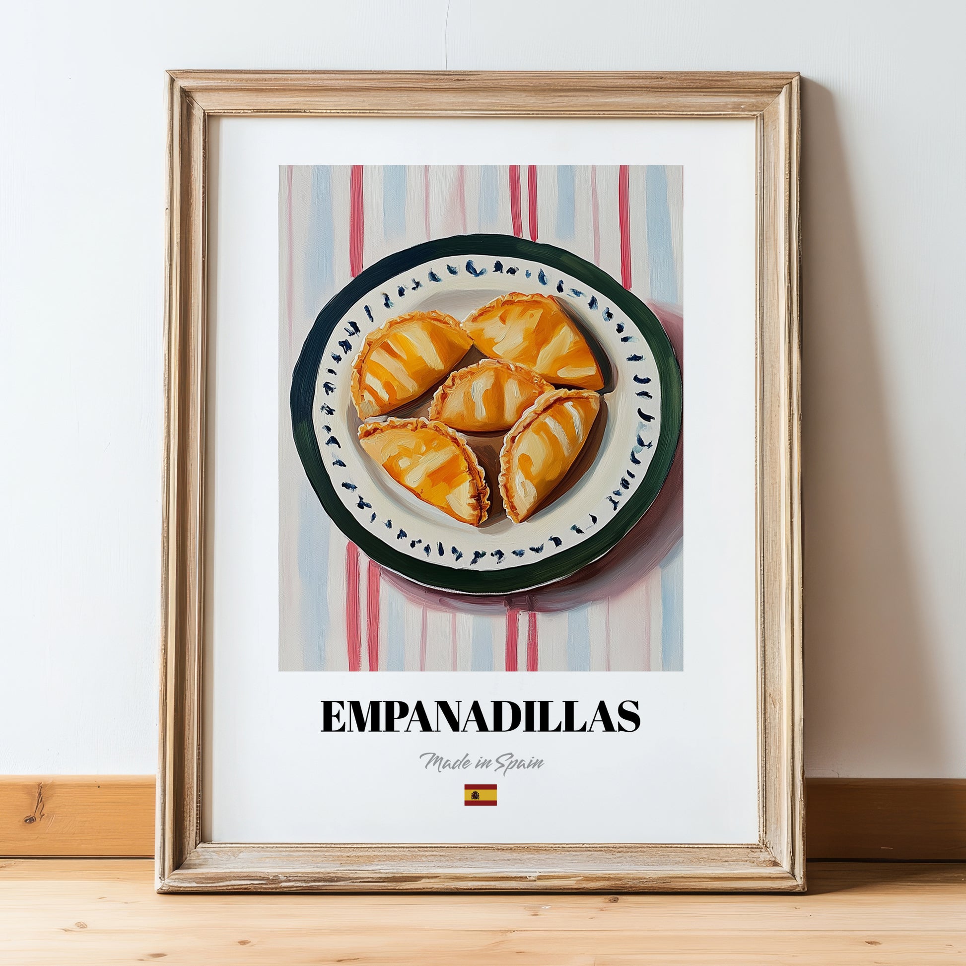 Empanadillas – on Striped Tablecloth, Spanish Pastry Wall Art, in wooden frame leaning on the floor