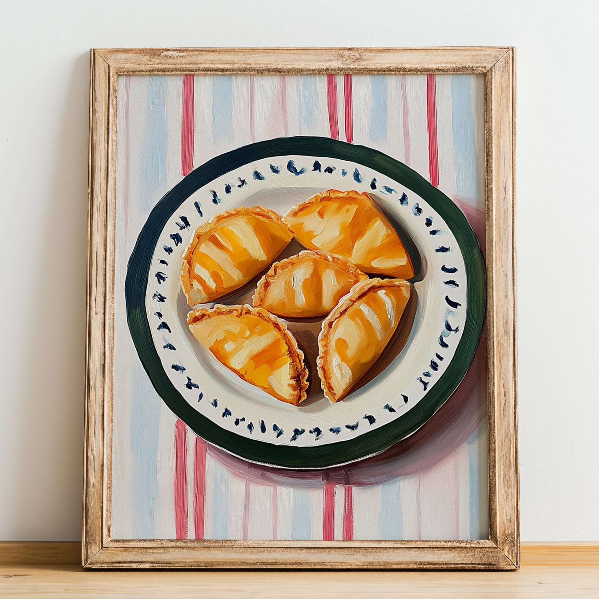 Empanadillas – on Striped Tablecloth, Spanish Pastry Wall Art, no-text version framed in wood