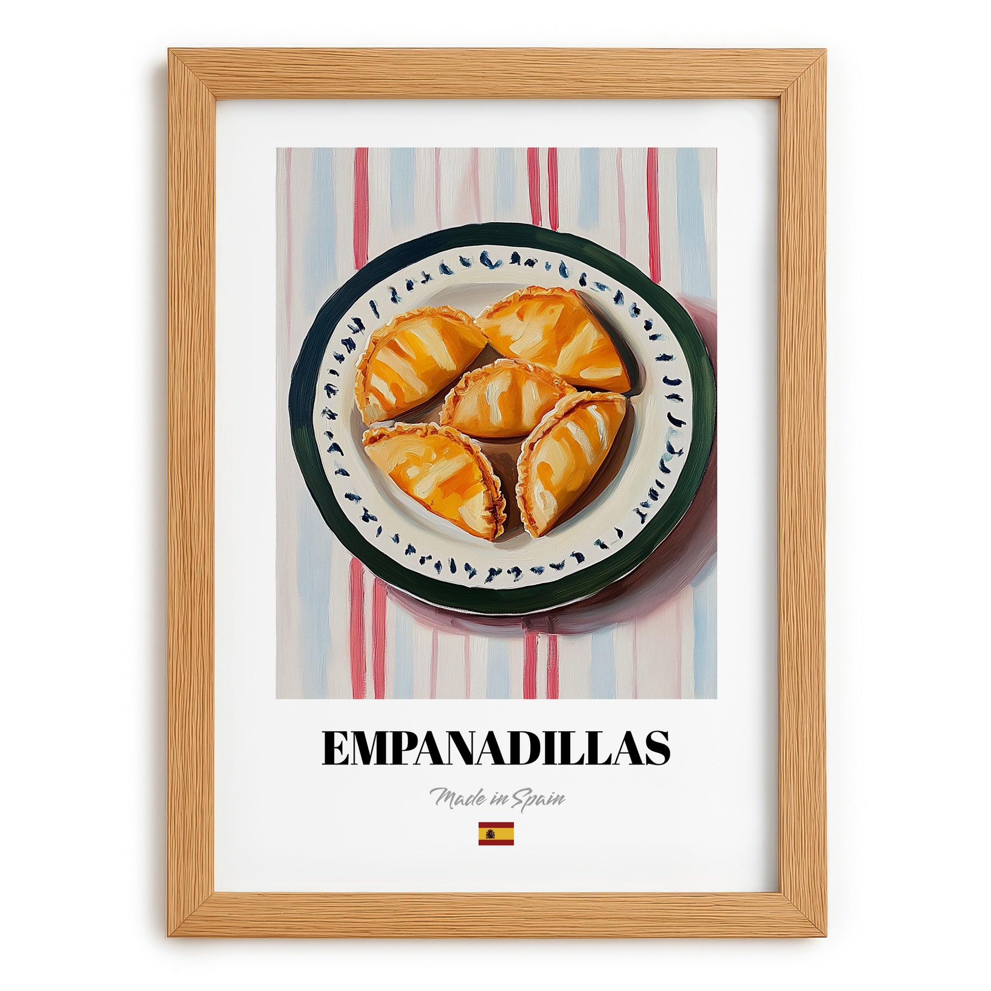 Empanadillas – on Striped Tablecloth, Spanish Pastry Wall Art, set in oak frame