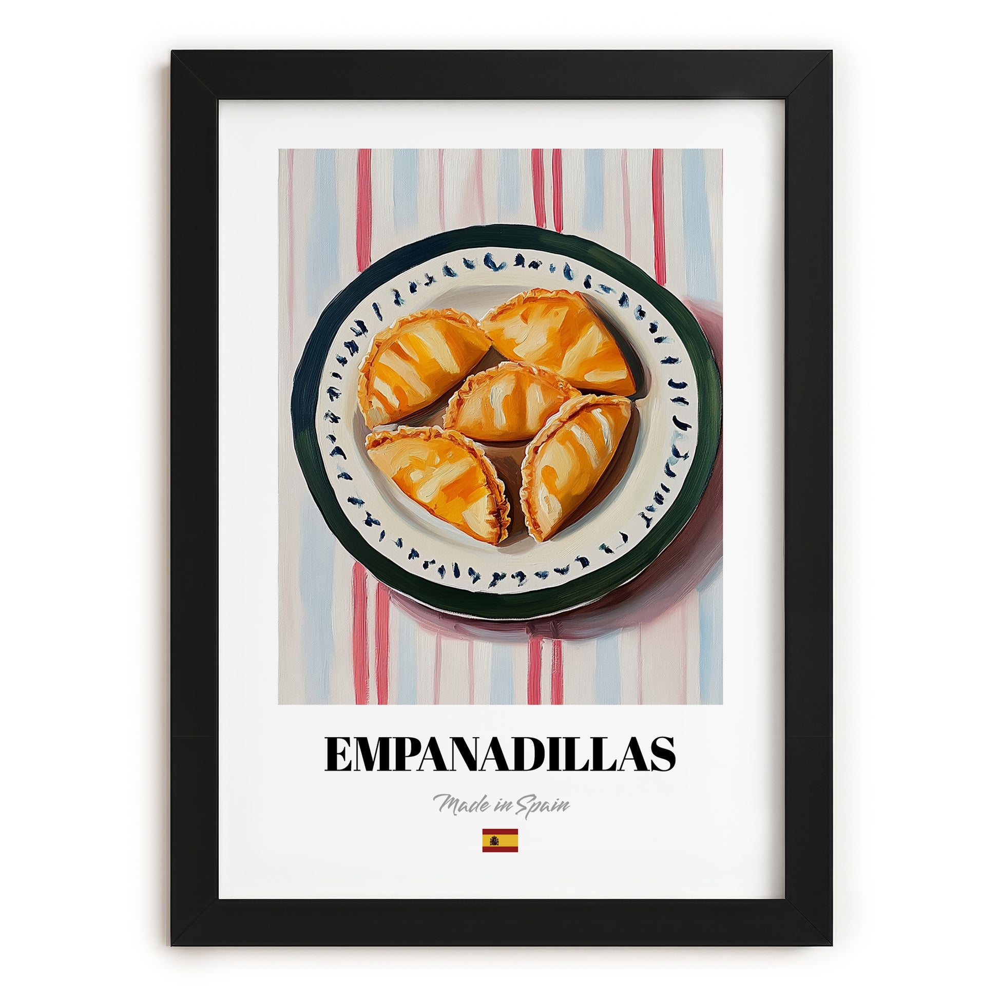 Empanadillas – on Striped Tablecloth, Spanish Pastry Wall Art, in sleek black frame