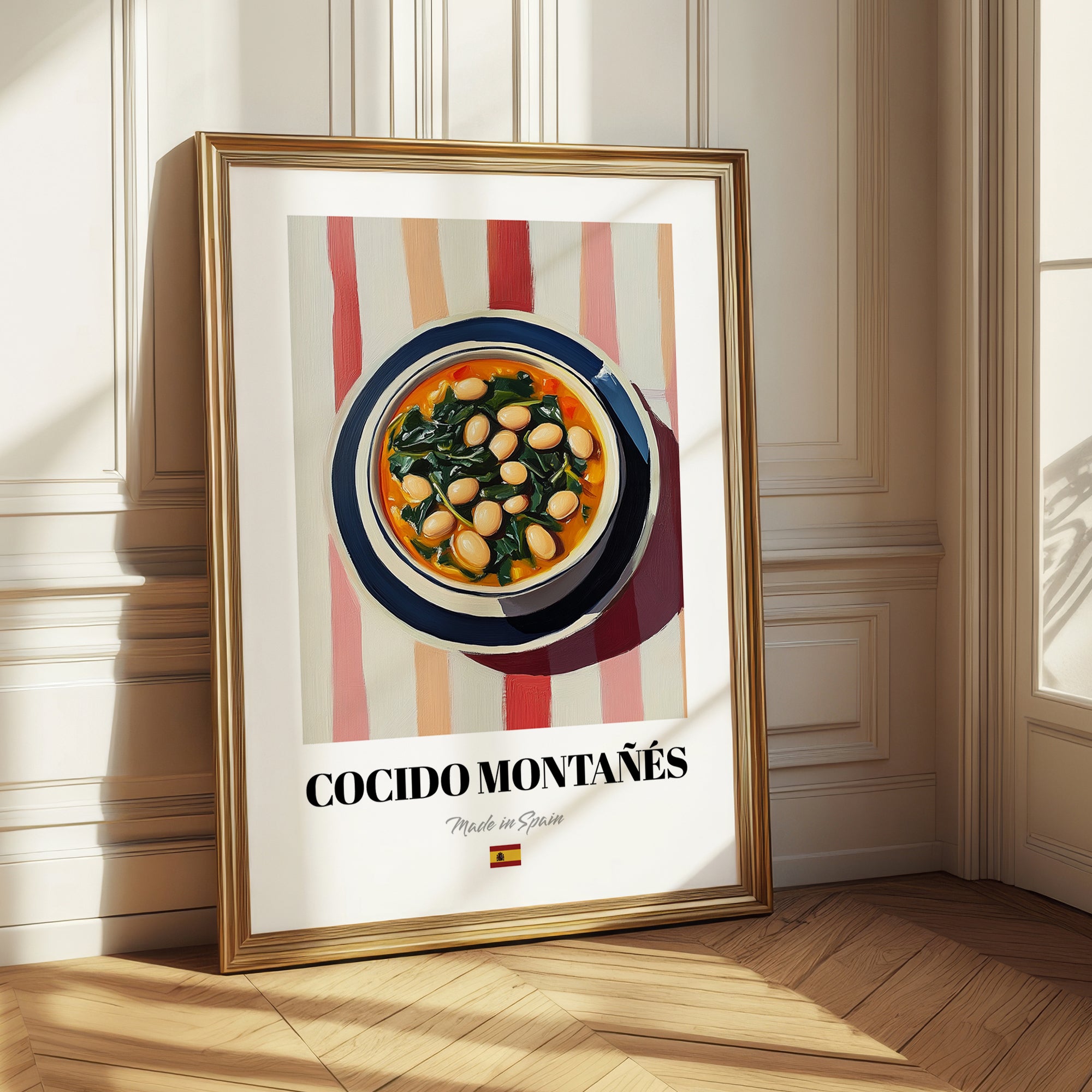 Cocido Montañés – on Striped Tablecloth, Spanish Food Painting