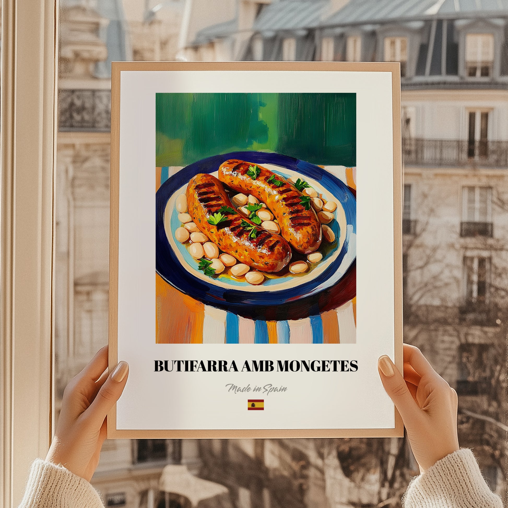 Butifarra amb Mongetes – Art, Spanish Food Still Life, styled in a charming Paris street view