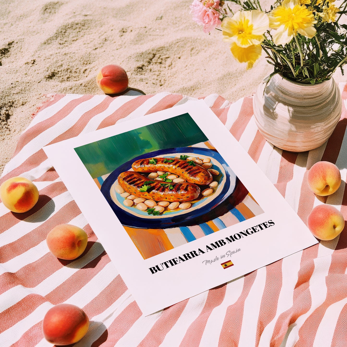 Butifarra amb Mongetes – Art, Spanish Food Still Life, unframed on coastal sand