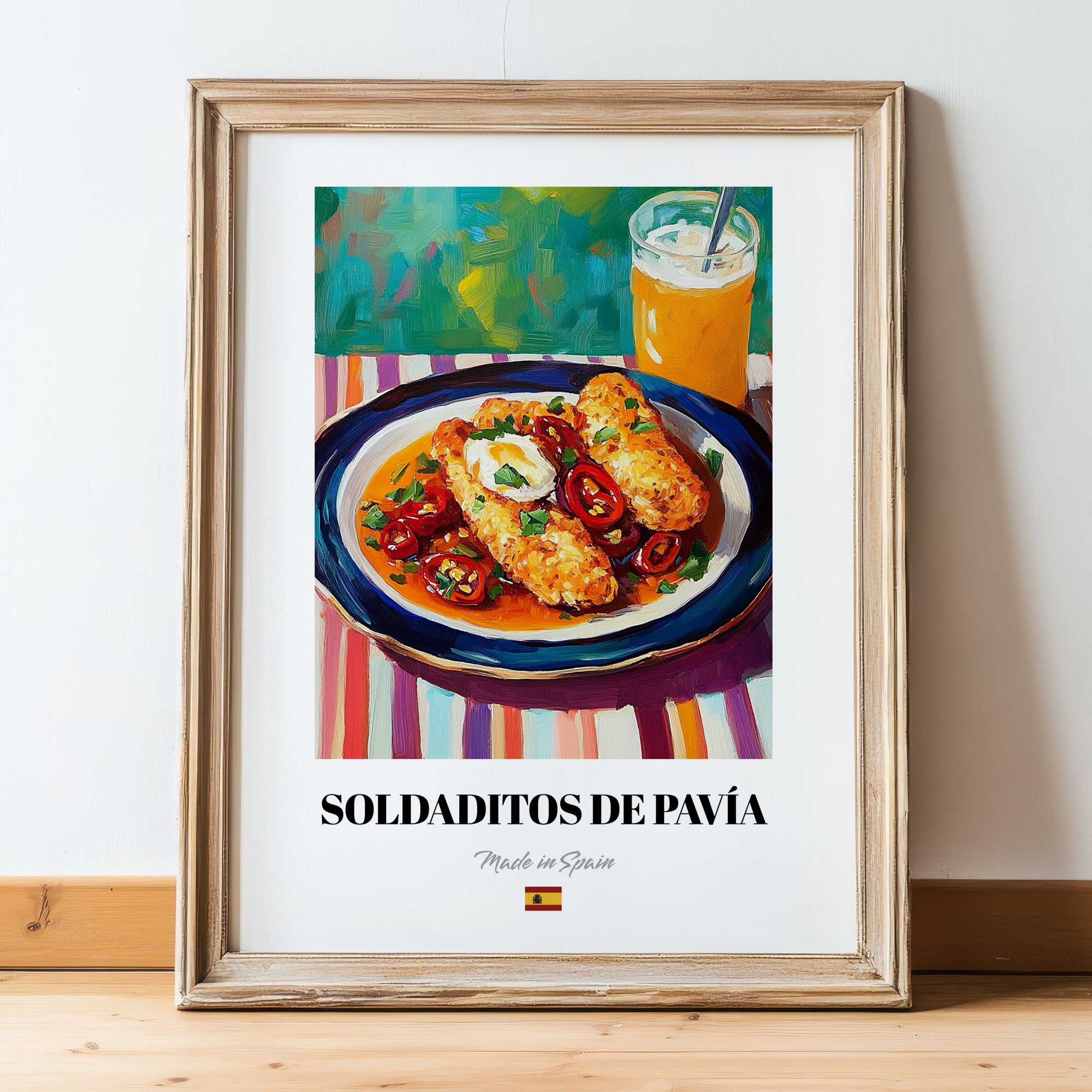 Soldaditos de Pavía – Art, Spanish Food Poster, in wooden frame leaning on the floor