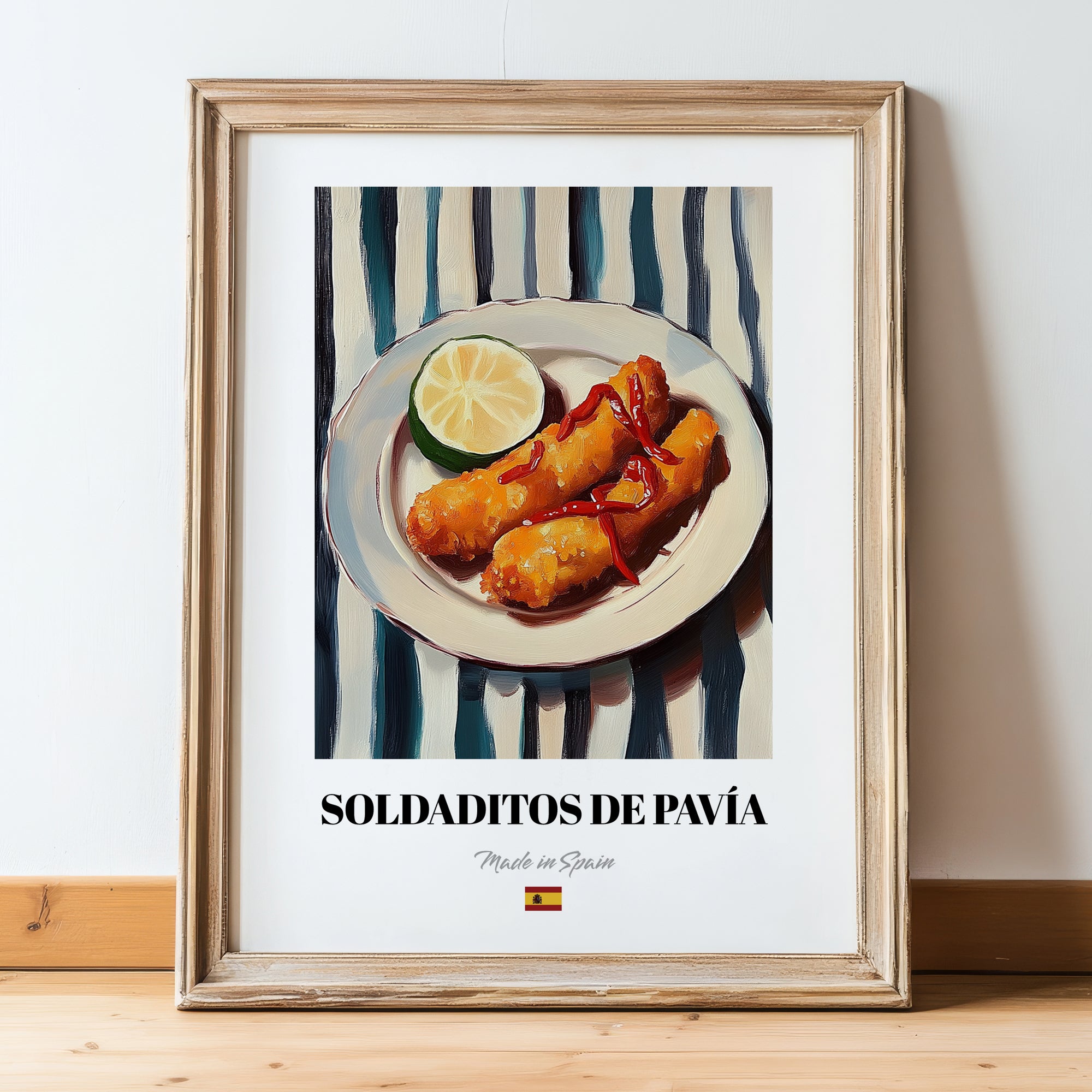 Soldaditos de Pavía – on Striped Tablecloth, Spanish Food Still Life, in wooden frame leaning on the floor