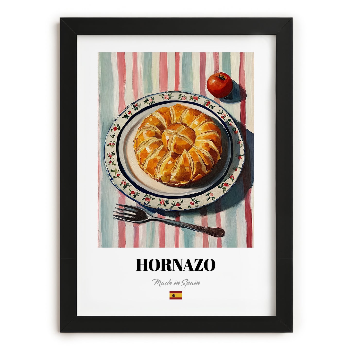 Hornazo – on Striped Tablecloth, Spanish Food Wall Decor, in sleek black frame