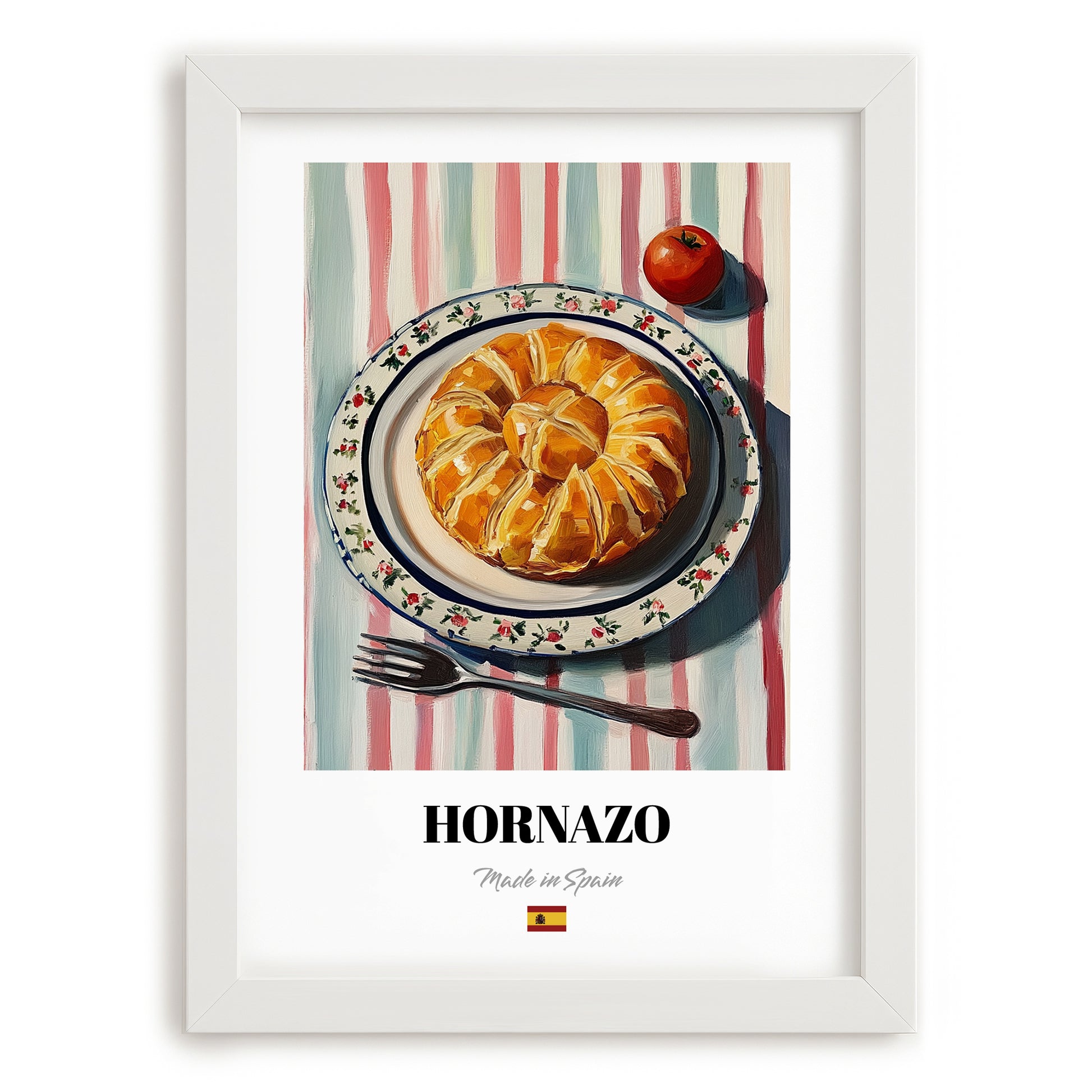 Hornazo – on Striped Tablecloth, Spanish Food Wall Decor, placed in minimal white frame