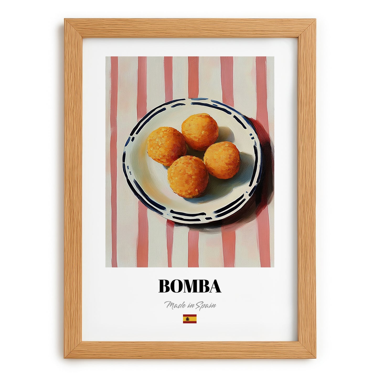 Bomba – on Striped Tablecloth, Spanish Food Art, set in oak frame