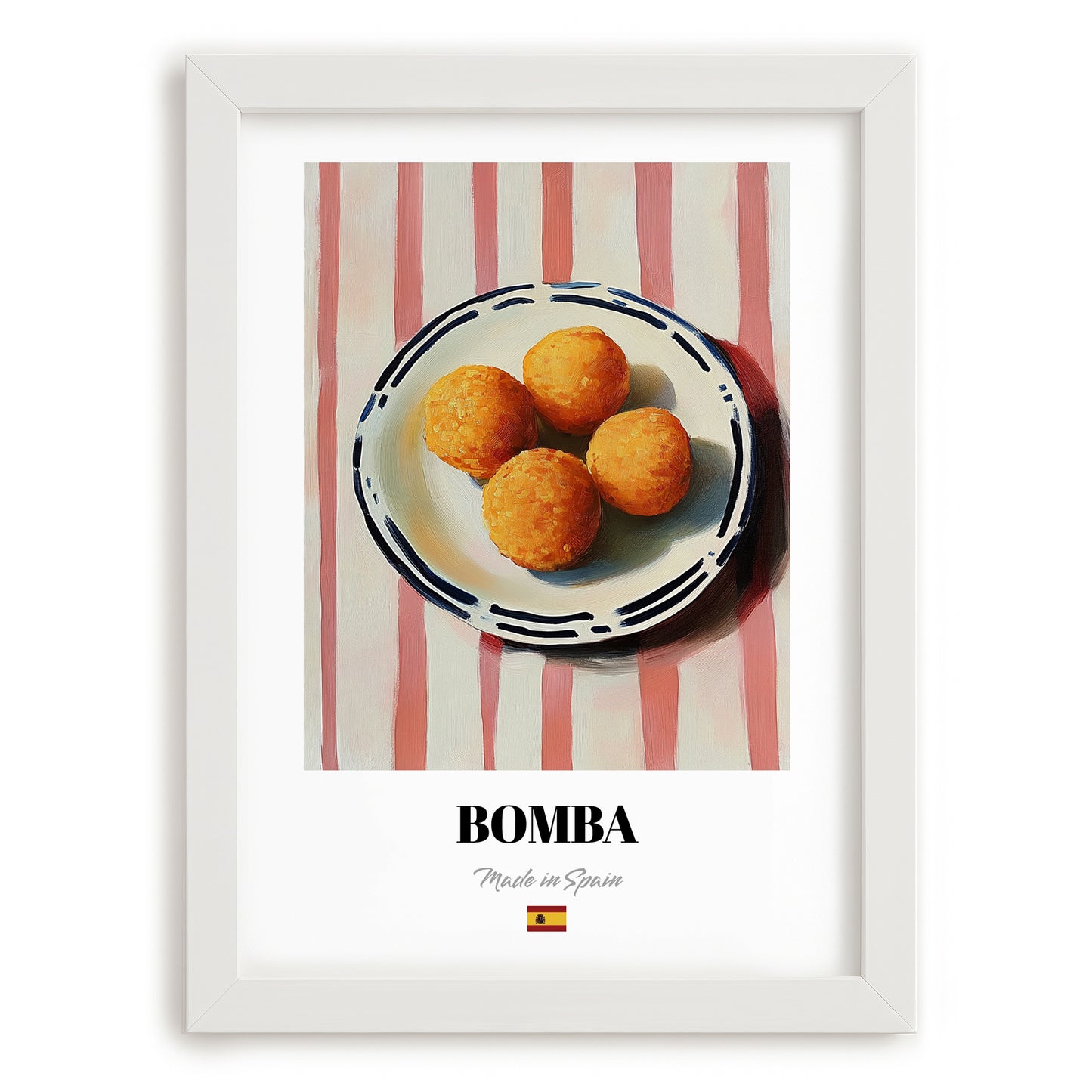 Bomba – on Striped Tablecloth, Spanish Food Art, placed in minimal white frame