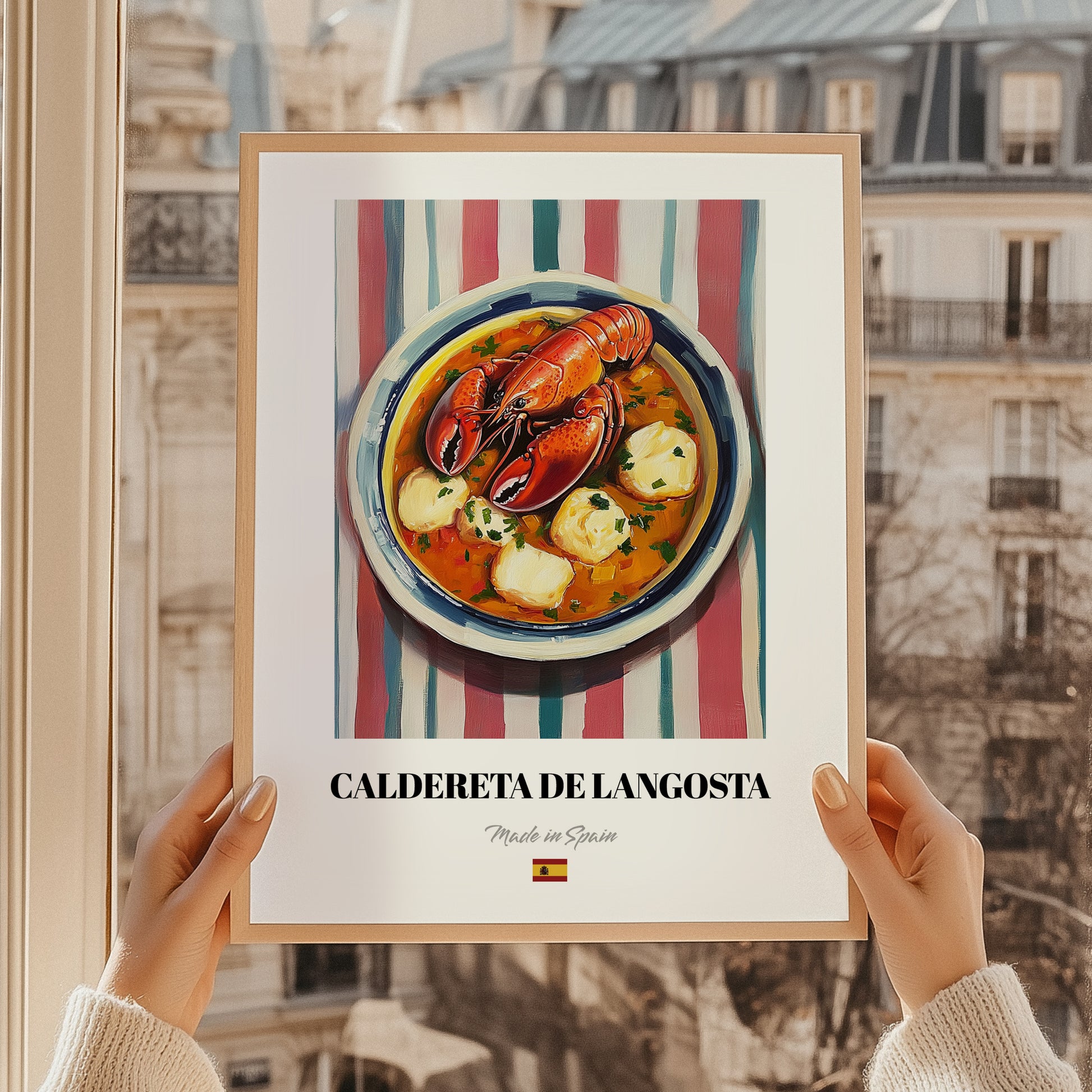 Caldereta de Langosta – on Striped Tablecloth, Spanish Food Painting, styled in a charming Paris street view