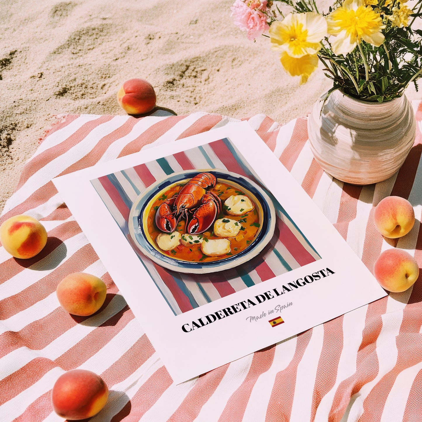 Caldereta de Langosta – on Striped Tablecloth, Spanish Food Painting, unframed on coastal sand