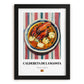 Caldereta de Langosta – on Striped Tablecloth, Spanish Food Painting, in sleek black frame