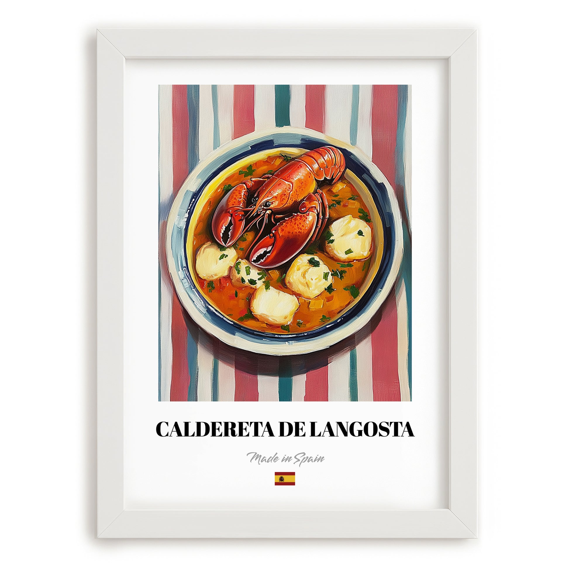 Caldereta de Langosta – on Striped Tablecloth, Spanish Food Painting, placed in minimal white frame