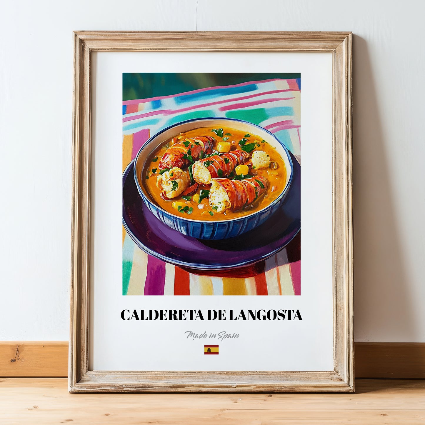 Caldereta de Langosta – Art, Spanish Food Poster, in wooden frame leaning on the floor