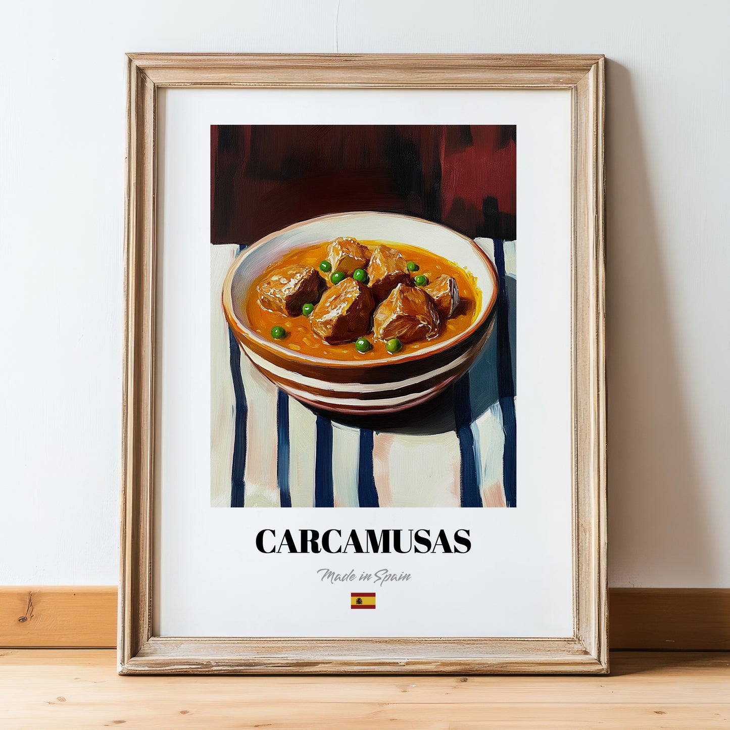 Carcamusas – on Striped Tablecloth, Spanish Food Art, in wooden frame leaning on the floor