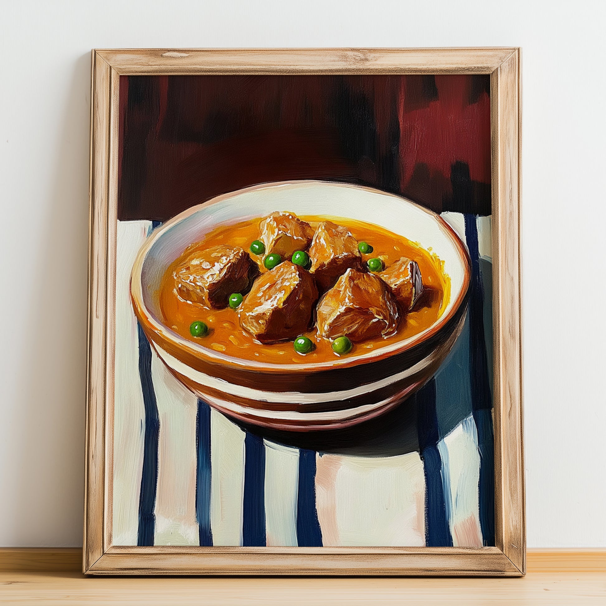 Carcamusas – on Striped Tablecloth, Spanish Food Art, no-text version framed in wood