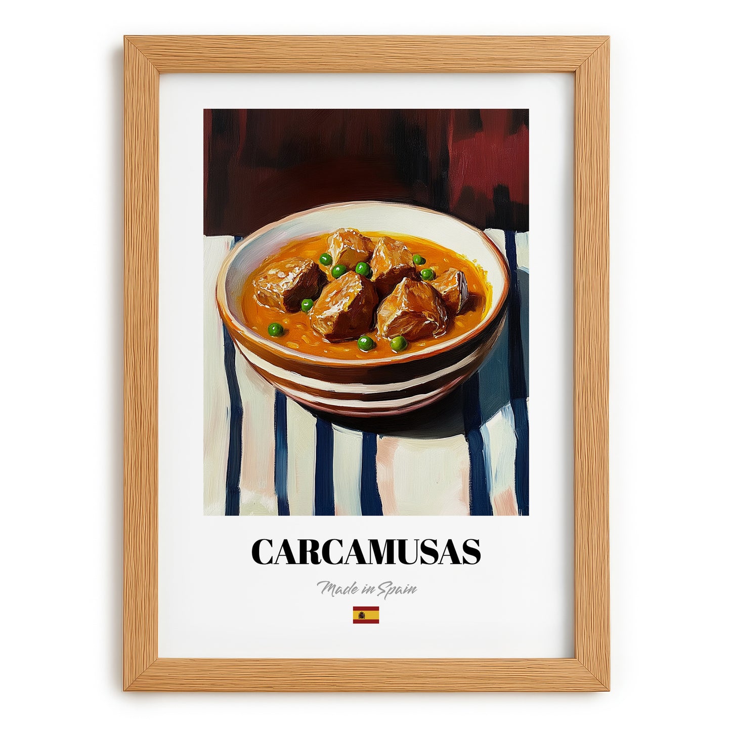 Carcamusas – on Striped Tablecloth, Spanish Food Art, set in oak frame