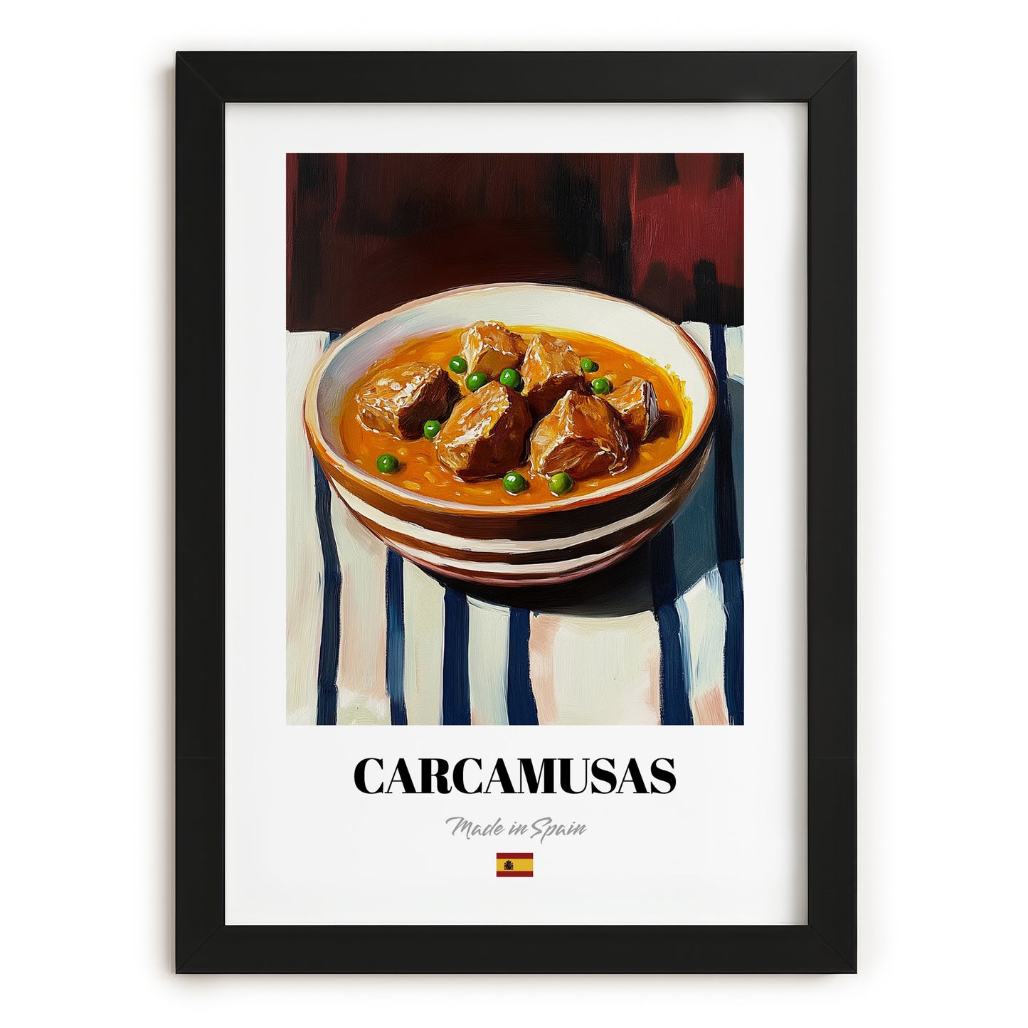 Carcamusas – on Striped Tablecloth, Spanish Food Art, in sleek black frame