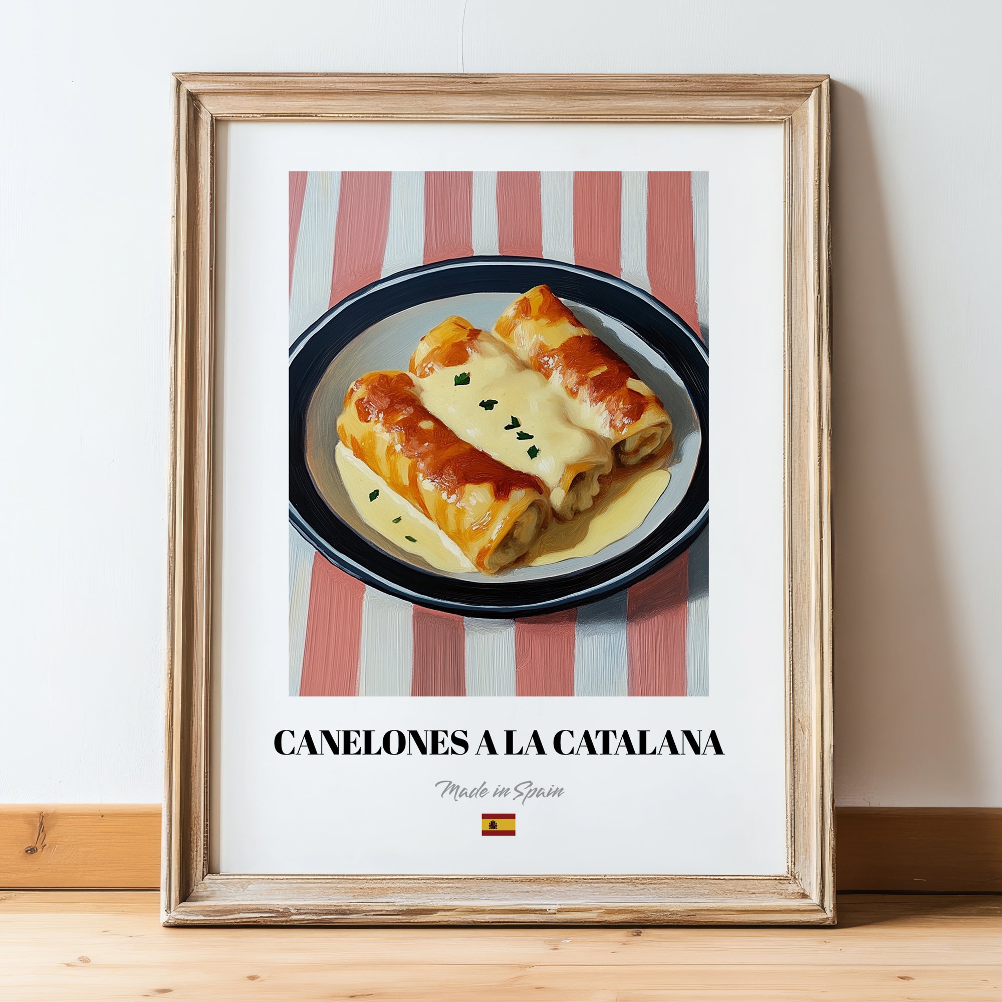 Canelones a la Catalana – on Striped Tablecloth, Spanish Pasta Still Life, in wooden frame leaning on the floor