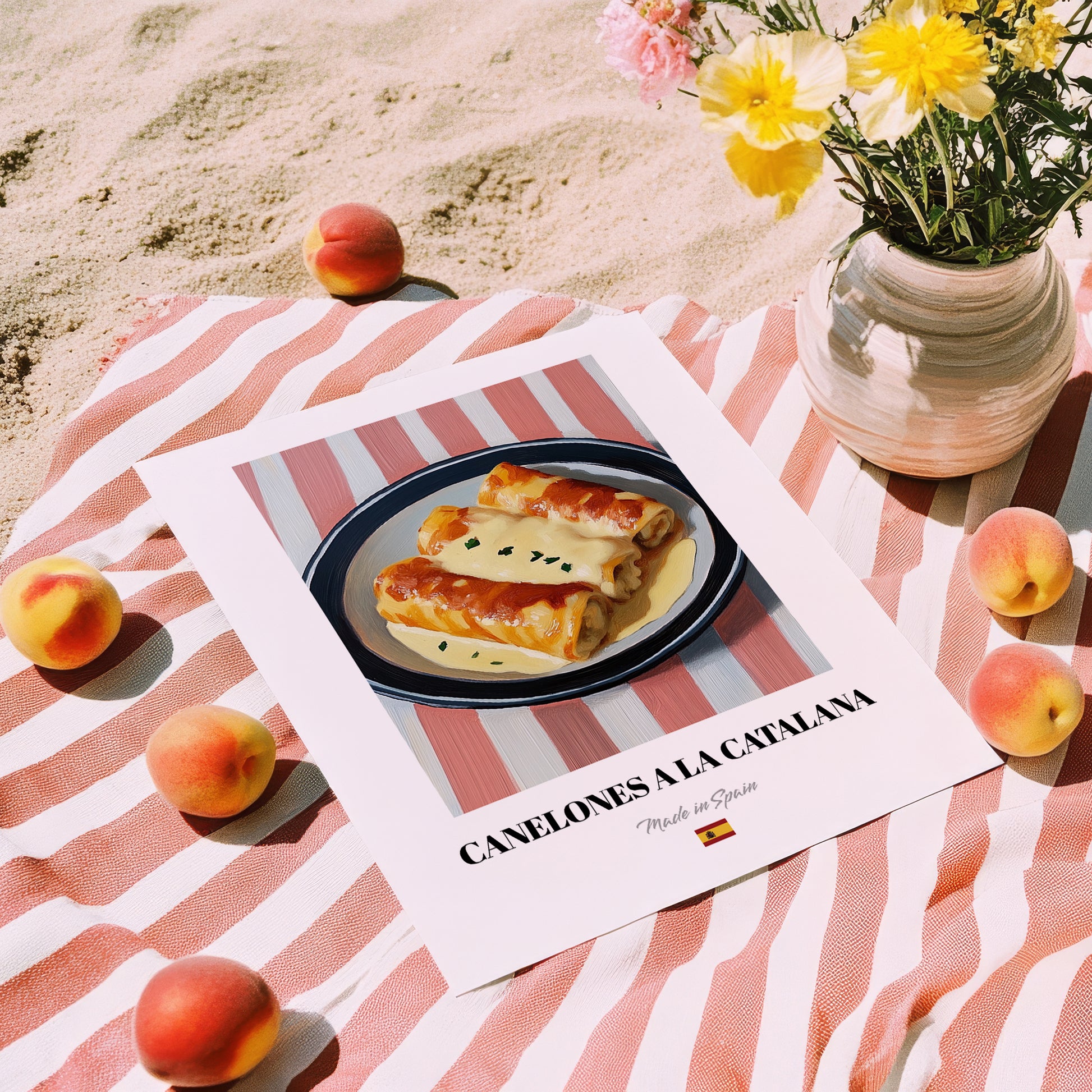 Canelones a la Catalana – on Striped Tablecloth, Spanish Pasta Still Life, unframed on coastal sand