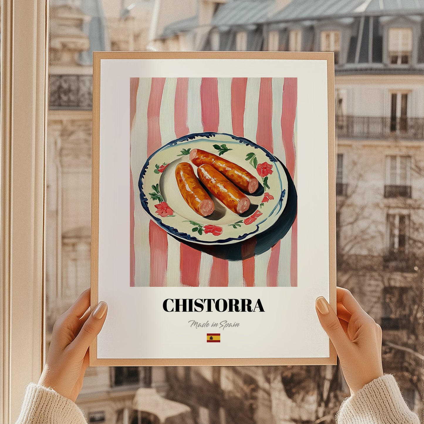 Chistorra – on Striped Tablecloth, Spanish Food Painting, styled in a charming Paris street view