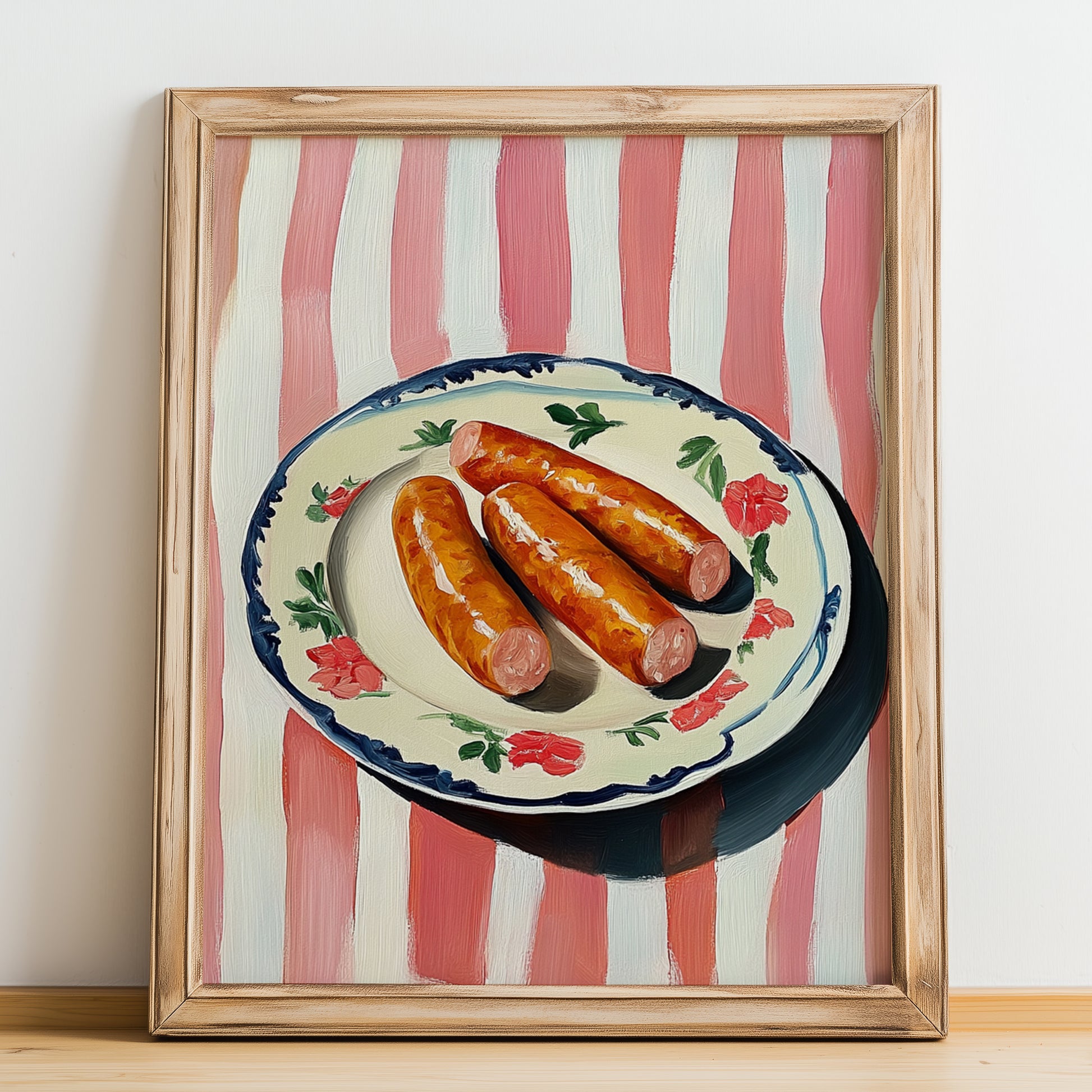 Chistorra – on Striped Tablecloth, Spanish Food Painting, no-text version framed in wood