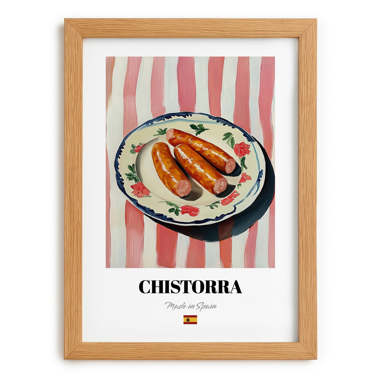Chistorra – on Striped Tablecloth, Spanish Food Painting, set in oak frame