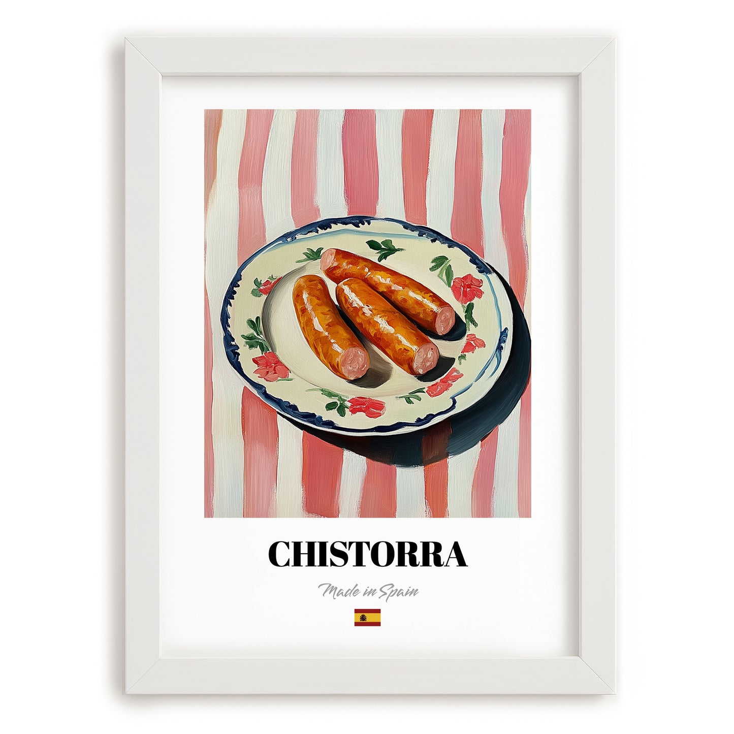 Chistorra – on Striped Tablecloth, Spanish Food Painting, placed in minimal white frame