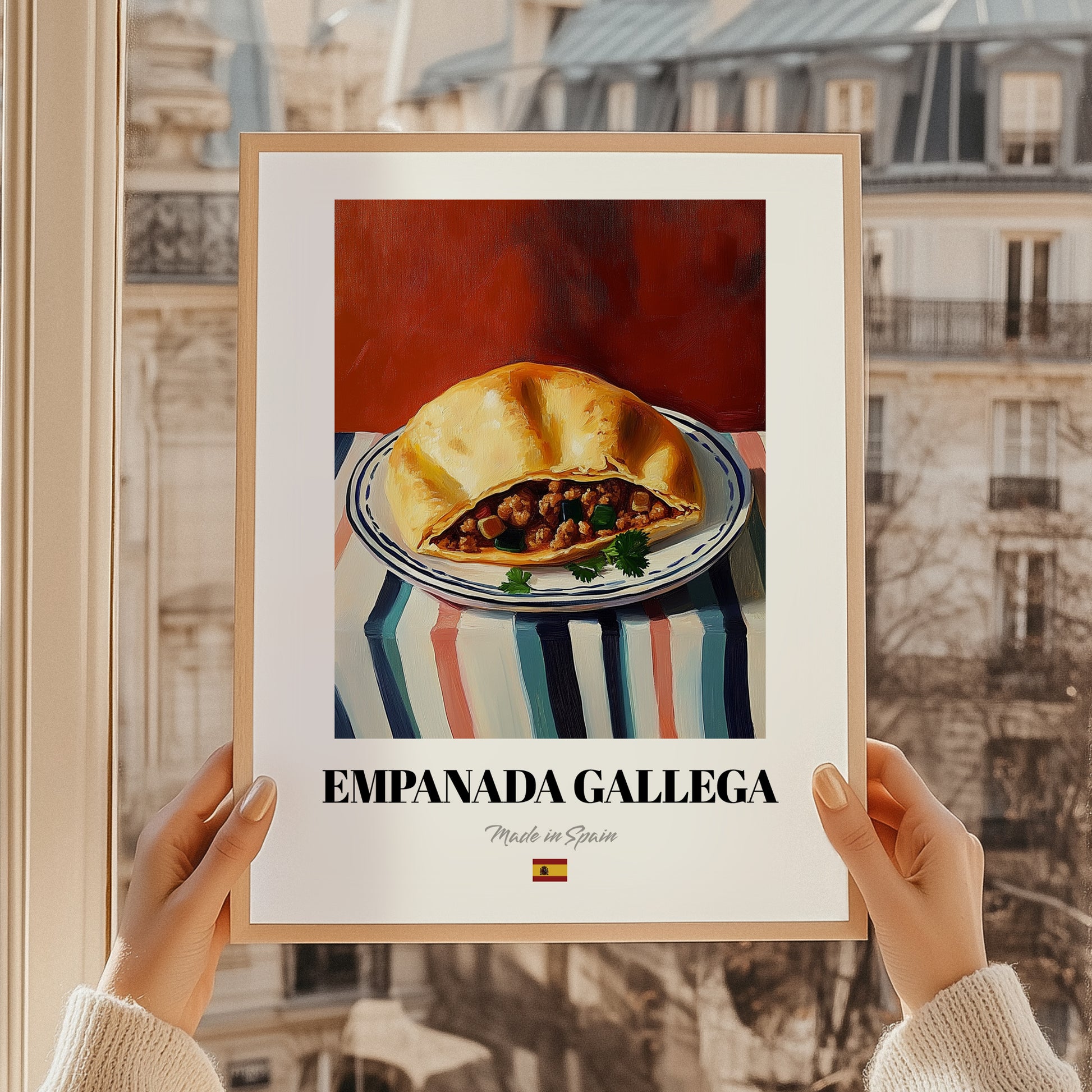 Empanada Gallega – Art, Spanish Pastry Wall Painting, styled in a charming Paris street view