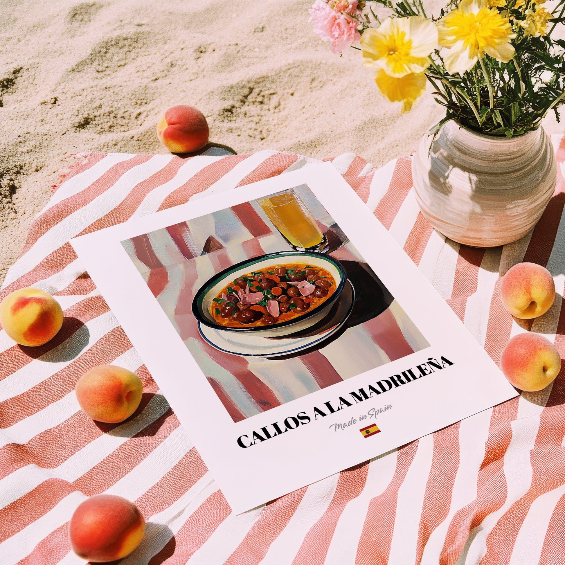 Callos a la Madrileña – on Striped Tablecloth, Spanish Food Illustration, unframed on coastal sand