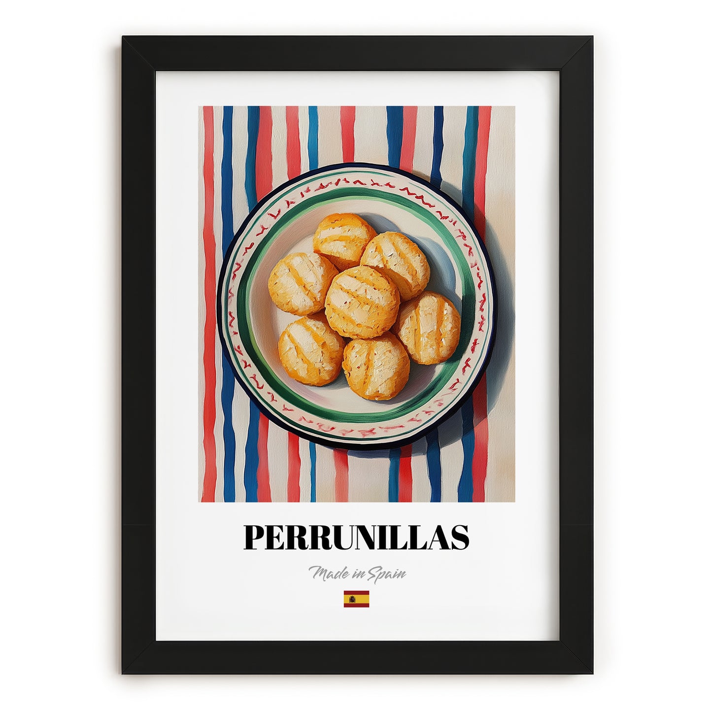 Perrunillas – on Striped Tablecloth, Spanish Dessert Wall Decor, in sleek black frame
