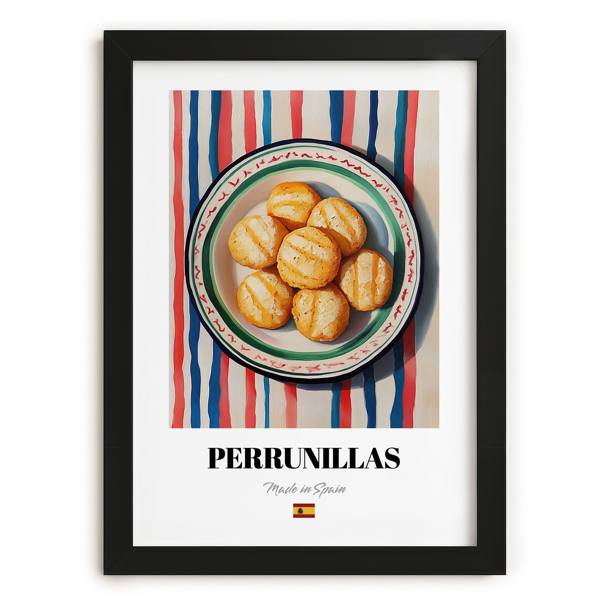 Perrunillas – on Striped Tablecloth, Spanish Dessert Wall Decor, in sleek black frame