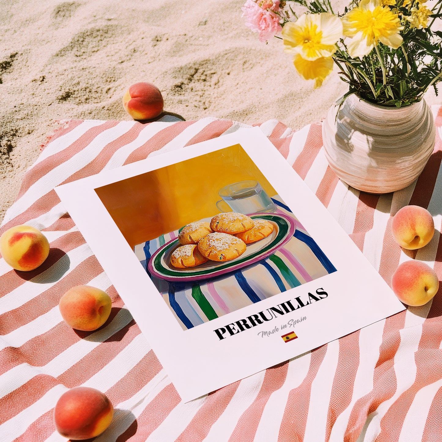 Perrunillas – Colorful Oil Painting, Spanish Dessert Illustration, unframed on coastal sand