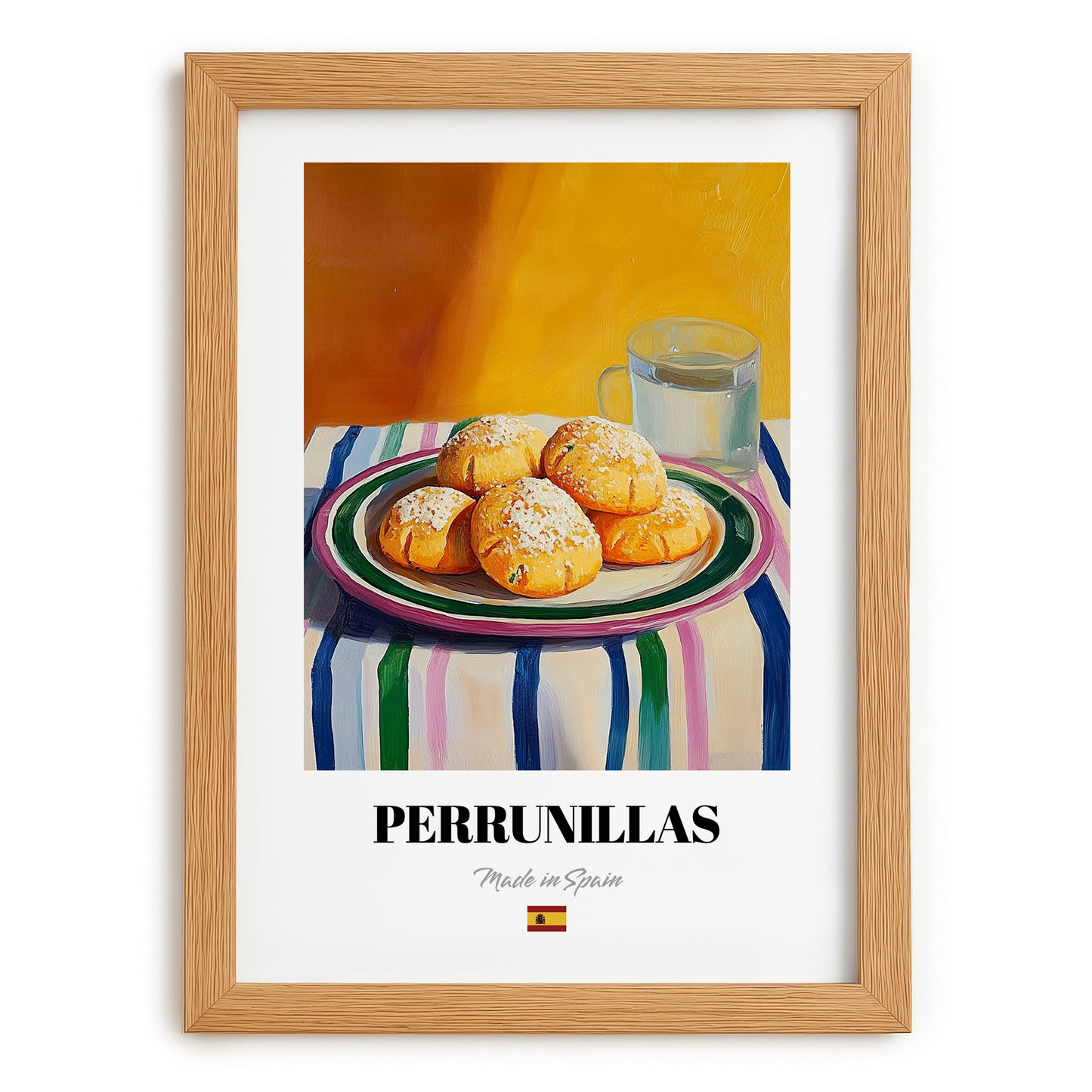Perrunillas – Colorful Oil Painting, Spanish Dessert Illustration, set in oak frame