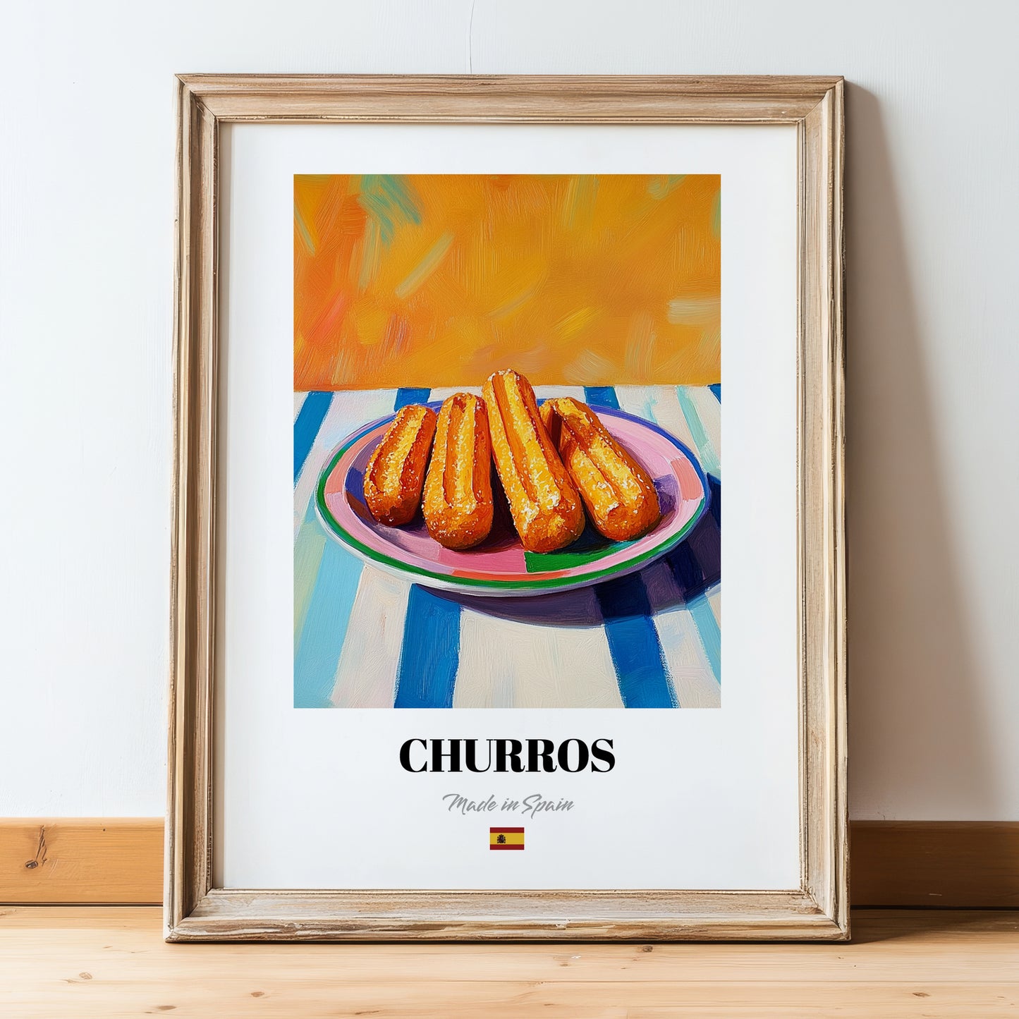 Churros – Colorful Oil Painting, Spanish Dessert Wall Art, in wooden frame leaning on the floor