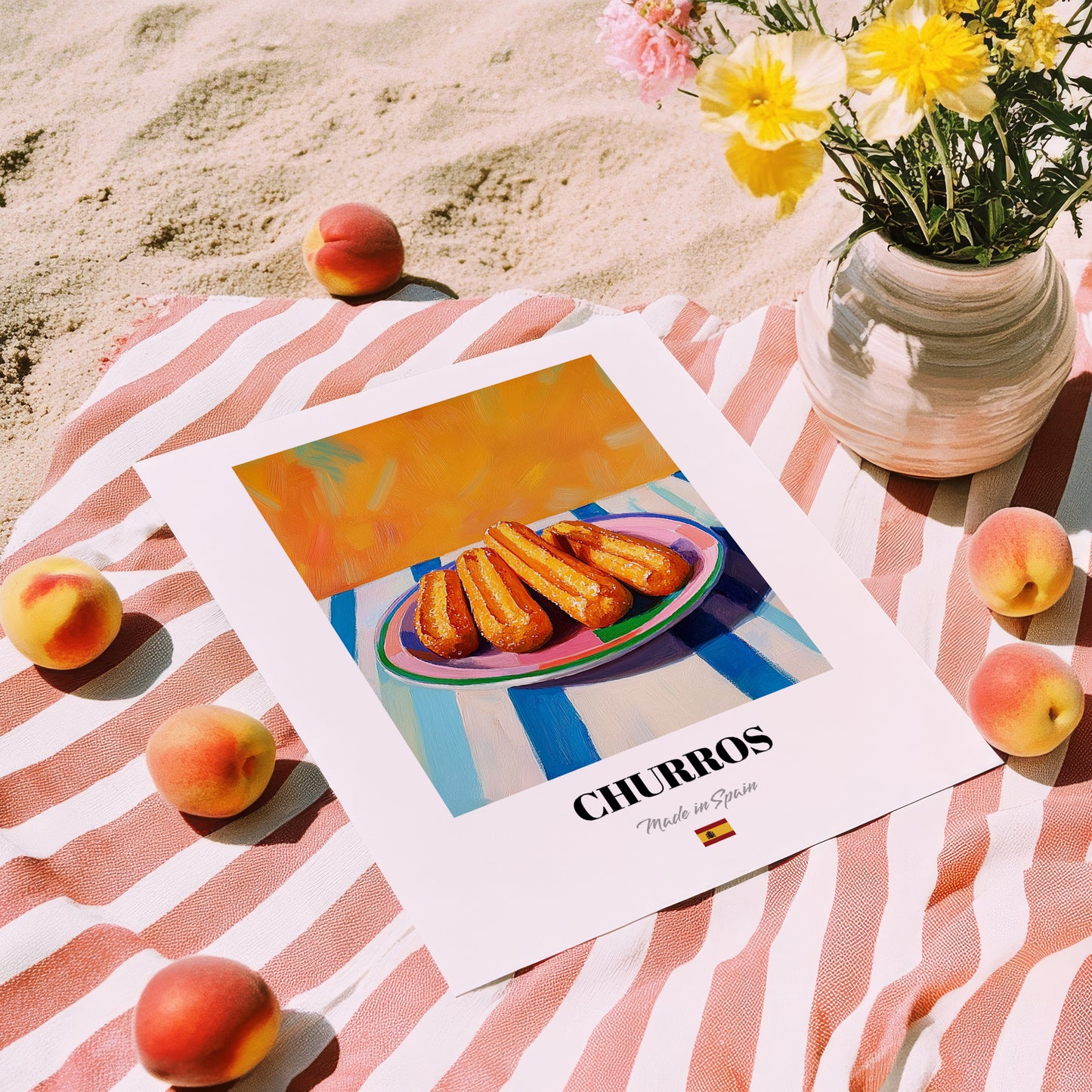 Churros – Colorful Oil Painting, Spanish Dessert Wall Art, unframed on coastal sand