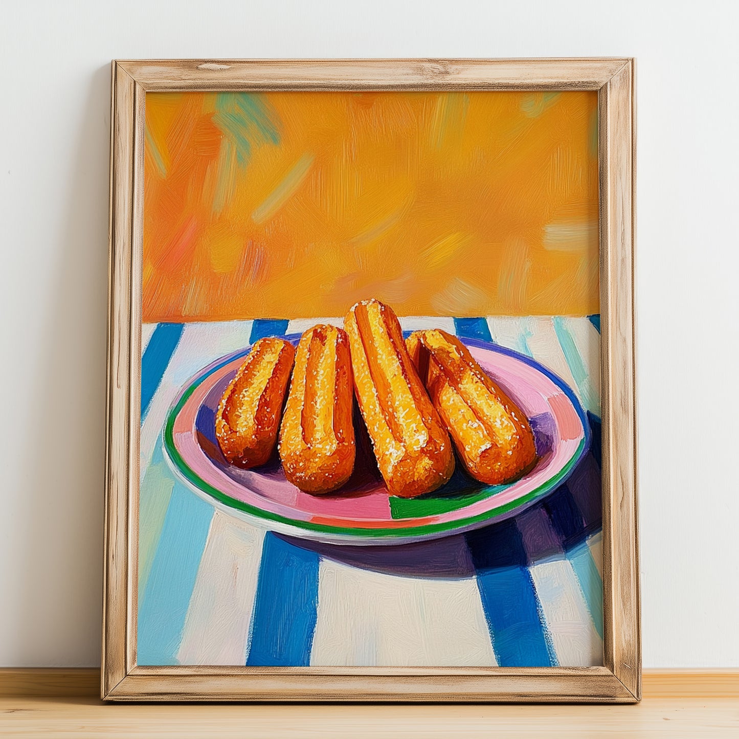 Churros – Colorful Oil Painting, Spanish Dessert Wall Art, no-text version framed in wood