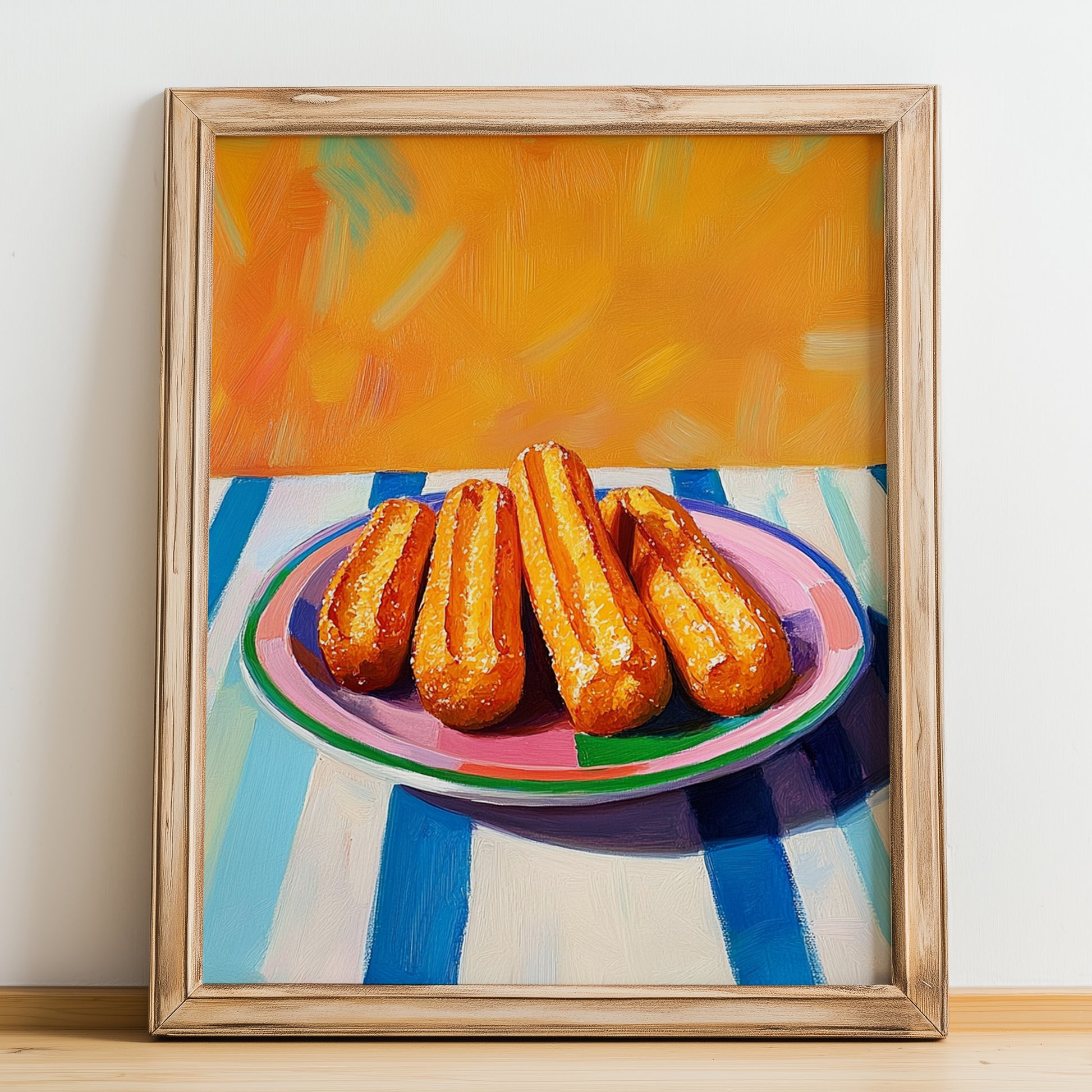 Churros – Colorful Oil Painting, Spanish Dessert Wall Art, no-text version framed in wood