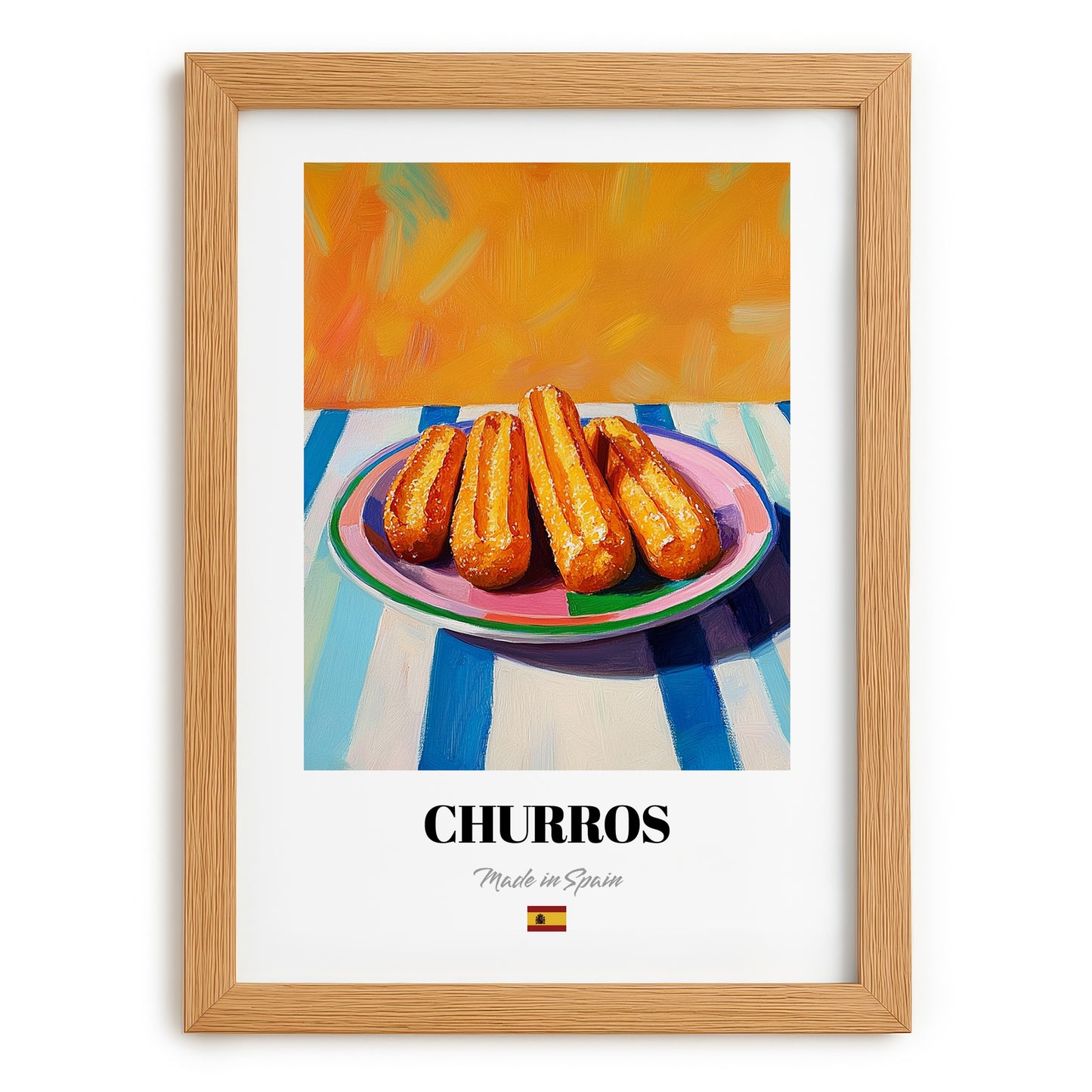 Churros – Colorful Oil Painting, Spanish Dessert Wall Art, set in oak frame