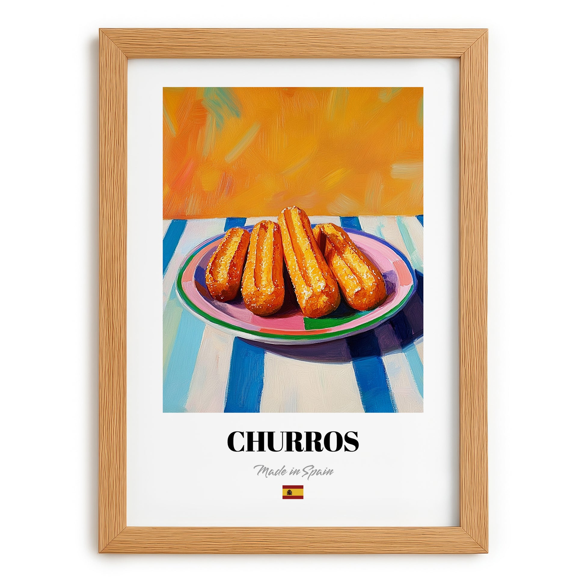Churros – Colorful Oil Painting, Spanish Dessert Wall Art, set in oak frame