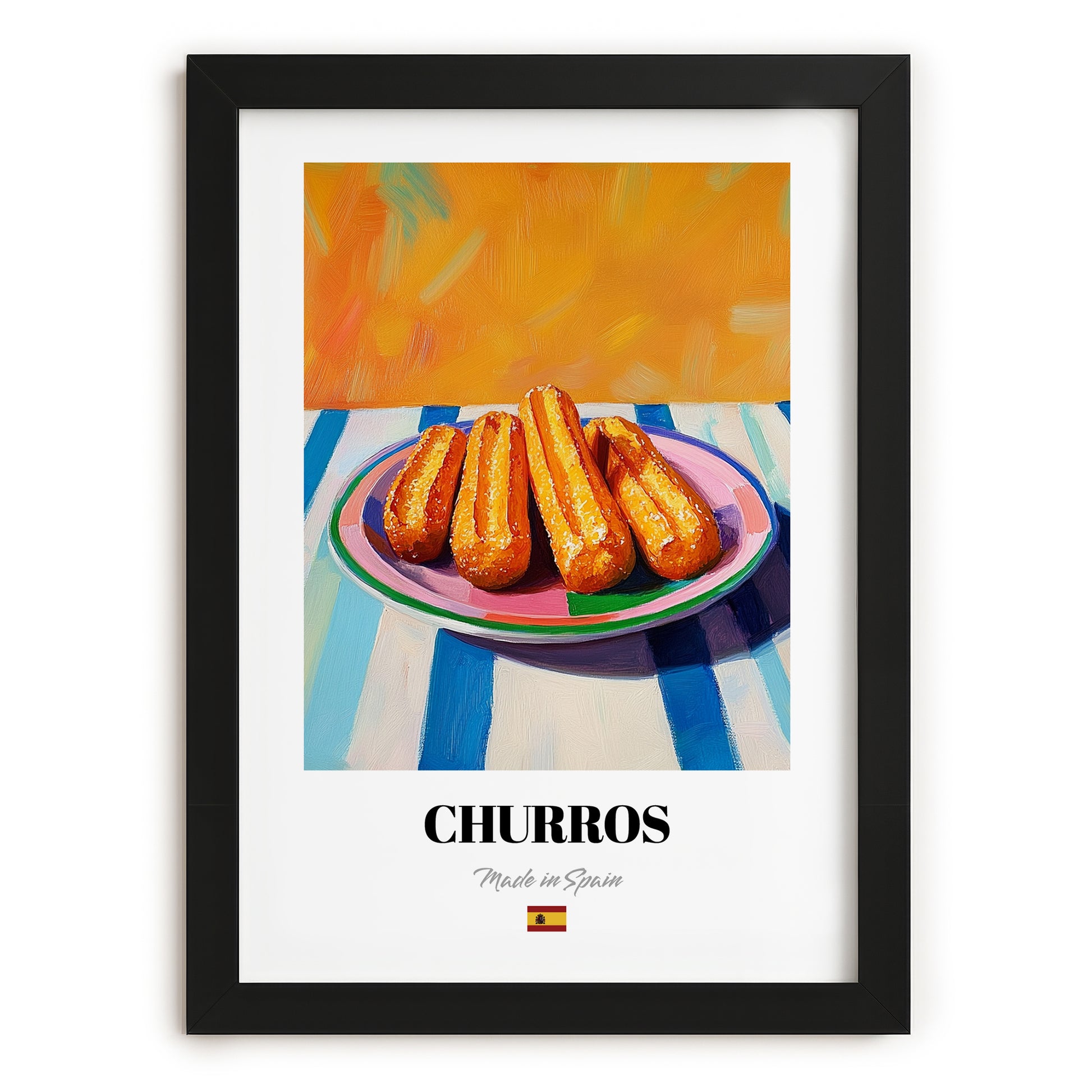 Churros – Colorful Oil Painting, Spanish Dessert Wall Art, in sleek black frame