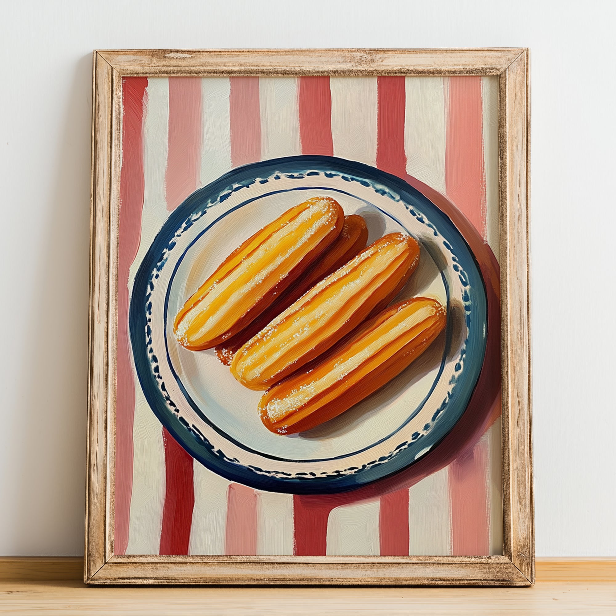 Churros – on Striped Tablecloth, Spanish Dessert Still Life, no-text version framed in wood