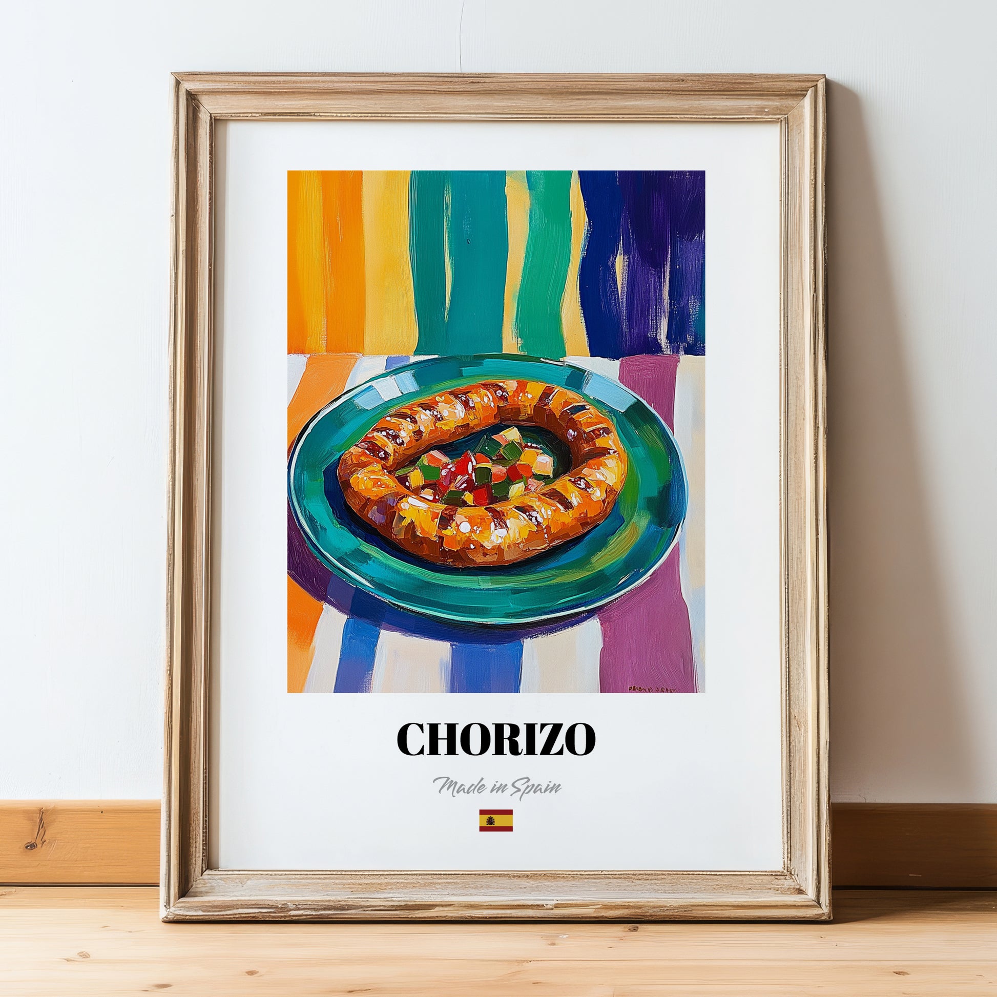Chorizo – Oil Painting, Spanish Food Wall Decor, in wooden frame leaning on the floor