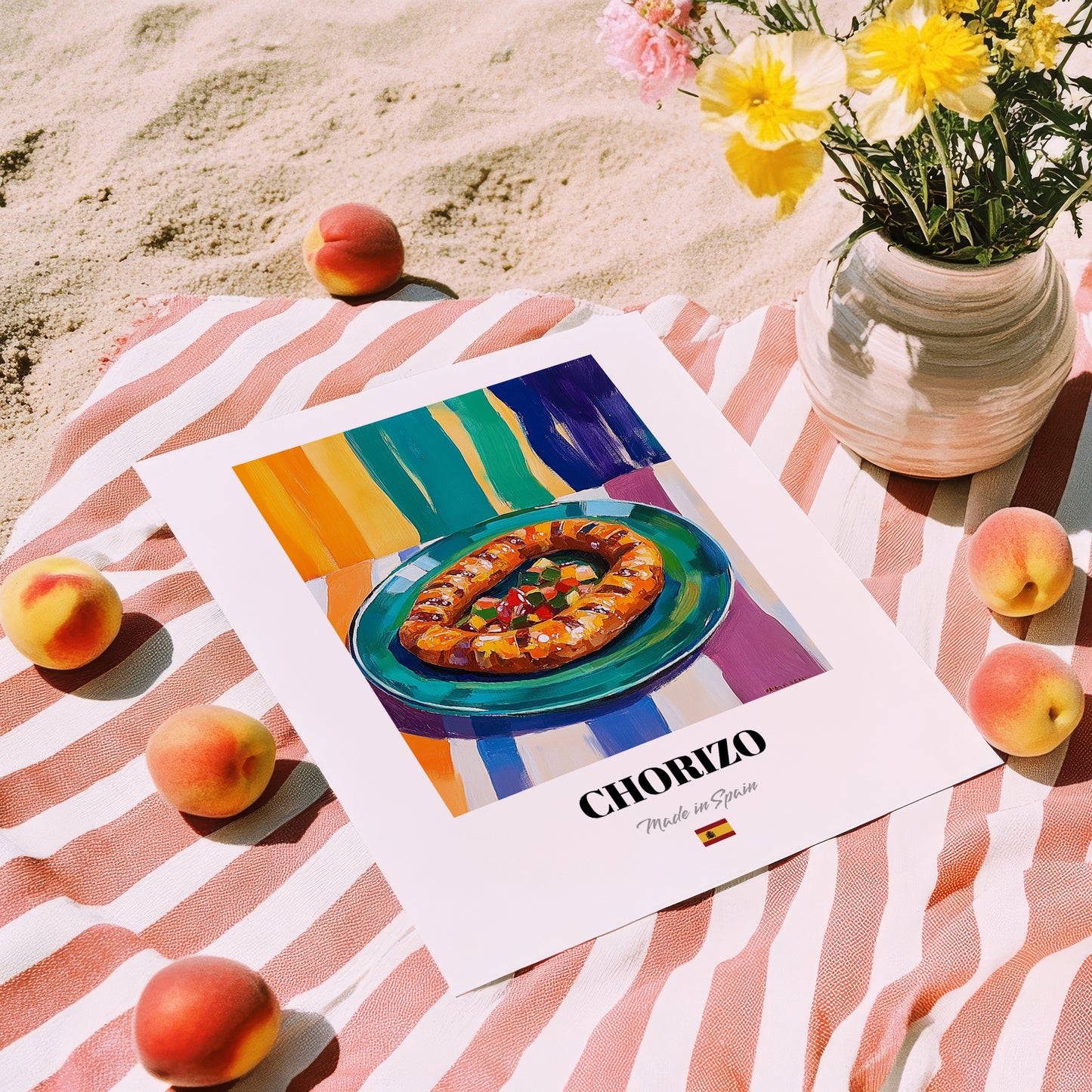 Chorizo – Oil Painting, Spanish Food Wall Decor, unframed on coastal sand