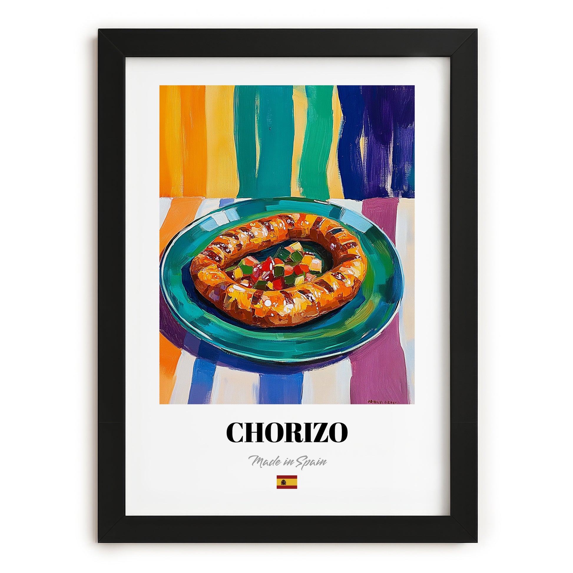 Chorizo – Oil Painting, Spanish Food Wall Decor, in sleek black frame