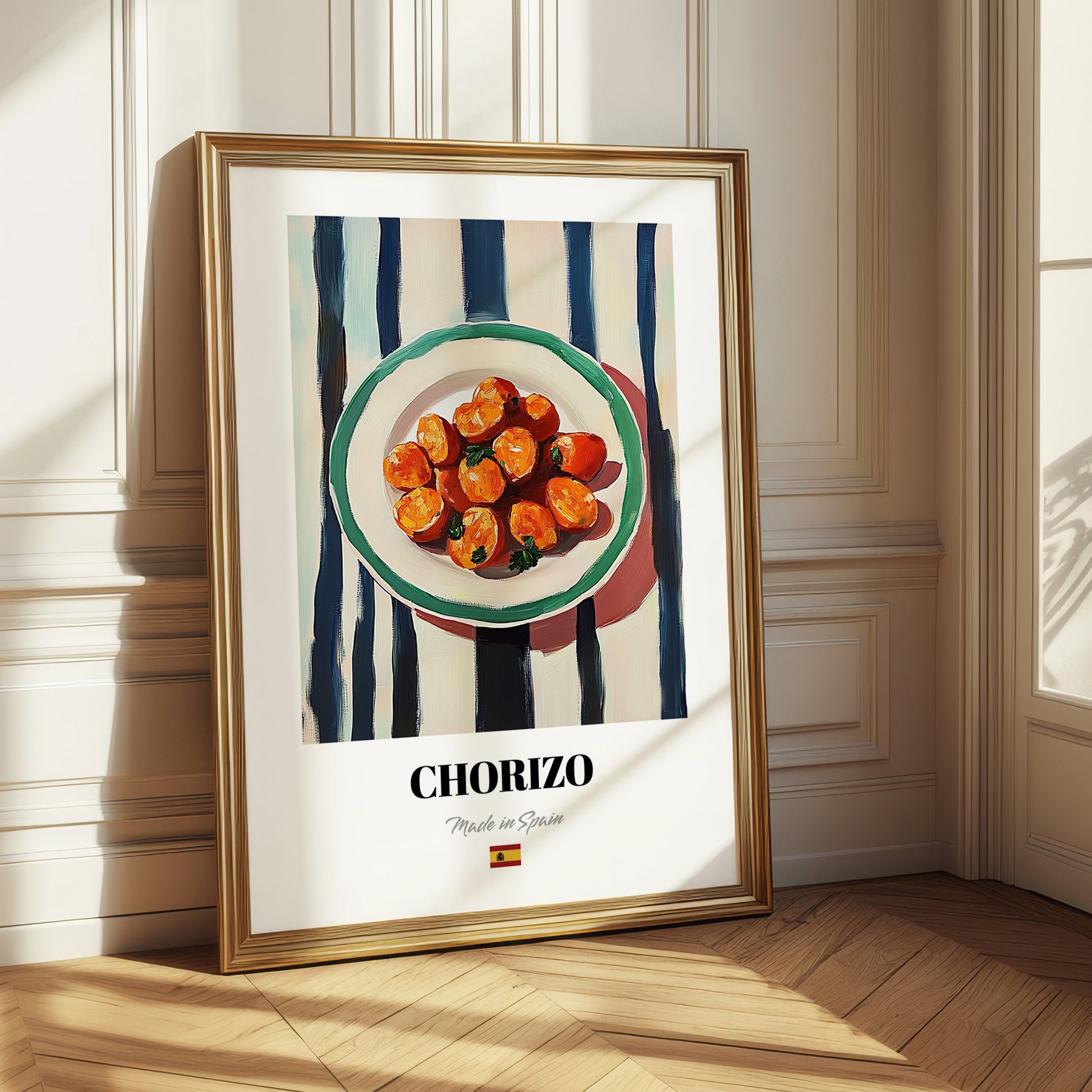 Chorizo – on Striped Tablecloth, Spanish Food Wall Art