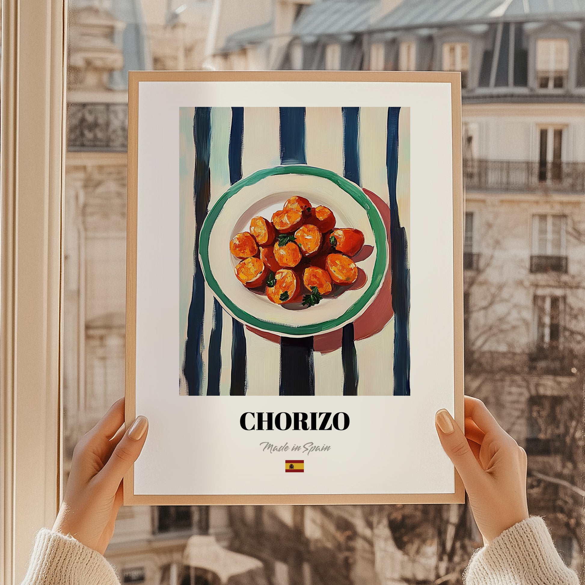 Chorizo – on Striped Tablecloth, Spanish Food Wall Art, styled in a charming Paris street view