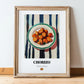 Chorizo – on Striped Tablecloth, Spanish Food Wall Art, in wooden frame leaning on the floor