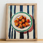 Chorizo – on Striped Tablecloth, Spanish Food Wall Art, no-text version framed in wood