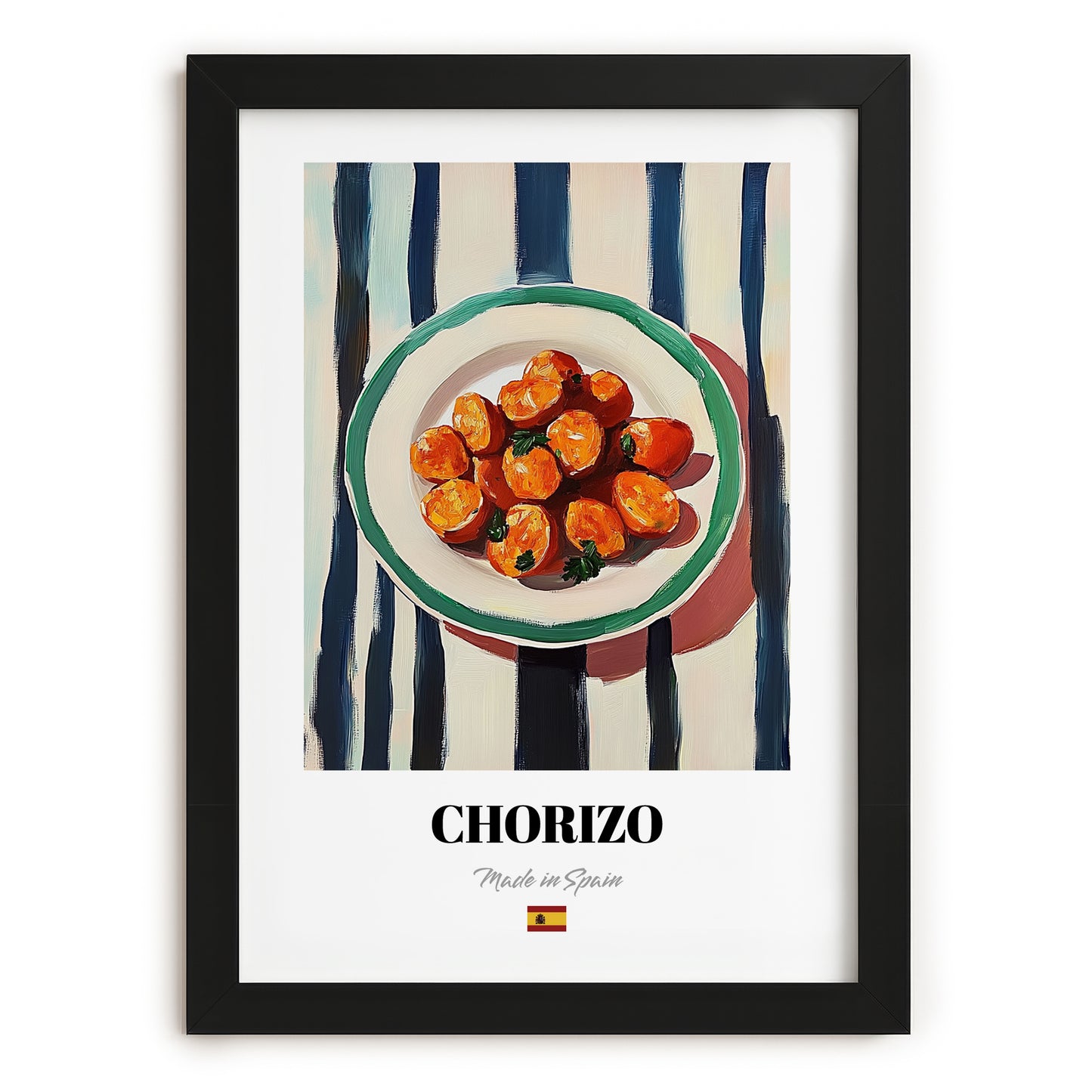 Chorizo – on Striped Tablecloth, Spanish Food Wall Art, in sleek black frame